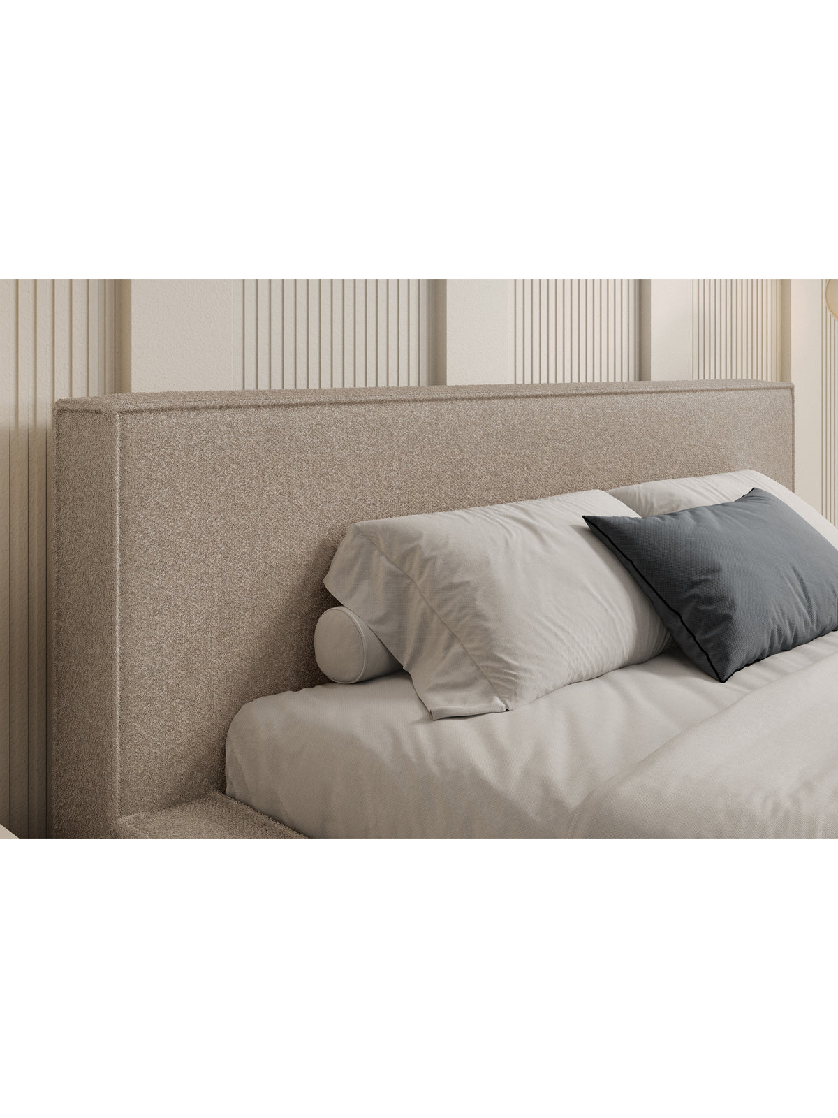 Nirello 160x200 kárpitozott ágy sötét bézs boucle anyaggal, tárolós, fejtámla részlet