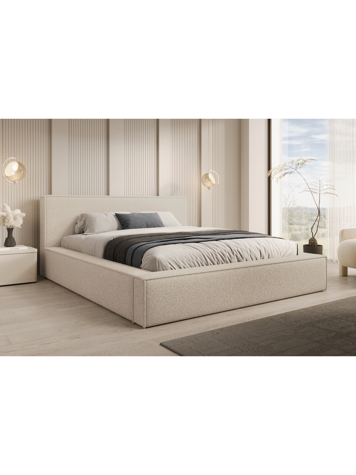 Nirello 180x200 kárpitozott ágy tárolóval, bézs boucle Quelle 03, elölnézet