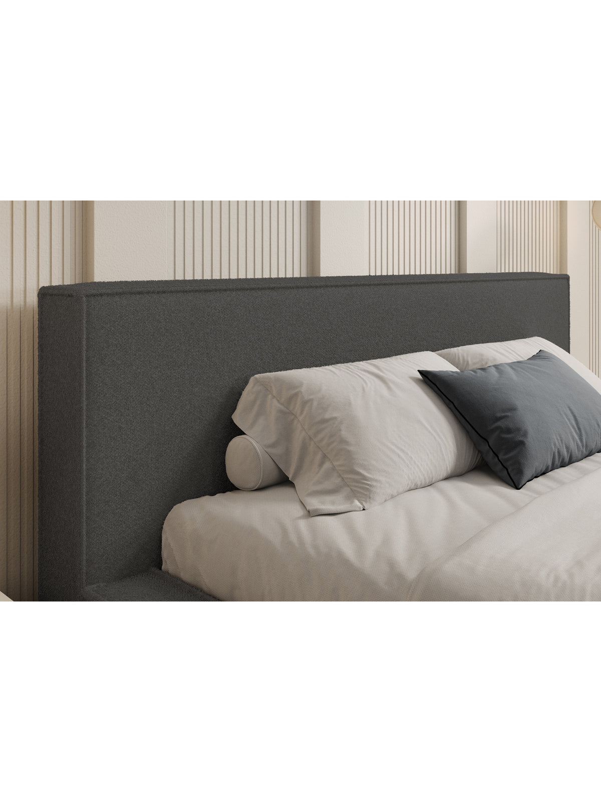 Nirello 180x200 kárpitozott ágy sötétszürke boucle Quelle 92 fejvéggel, részlet