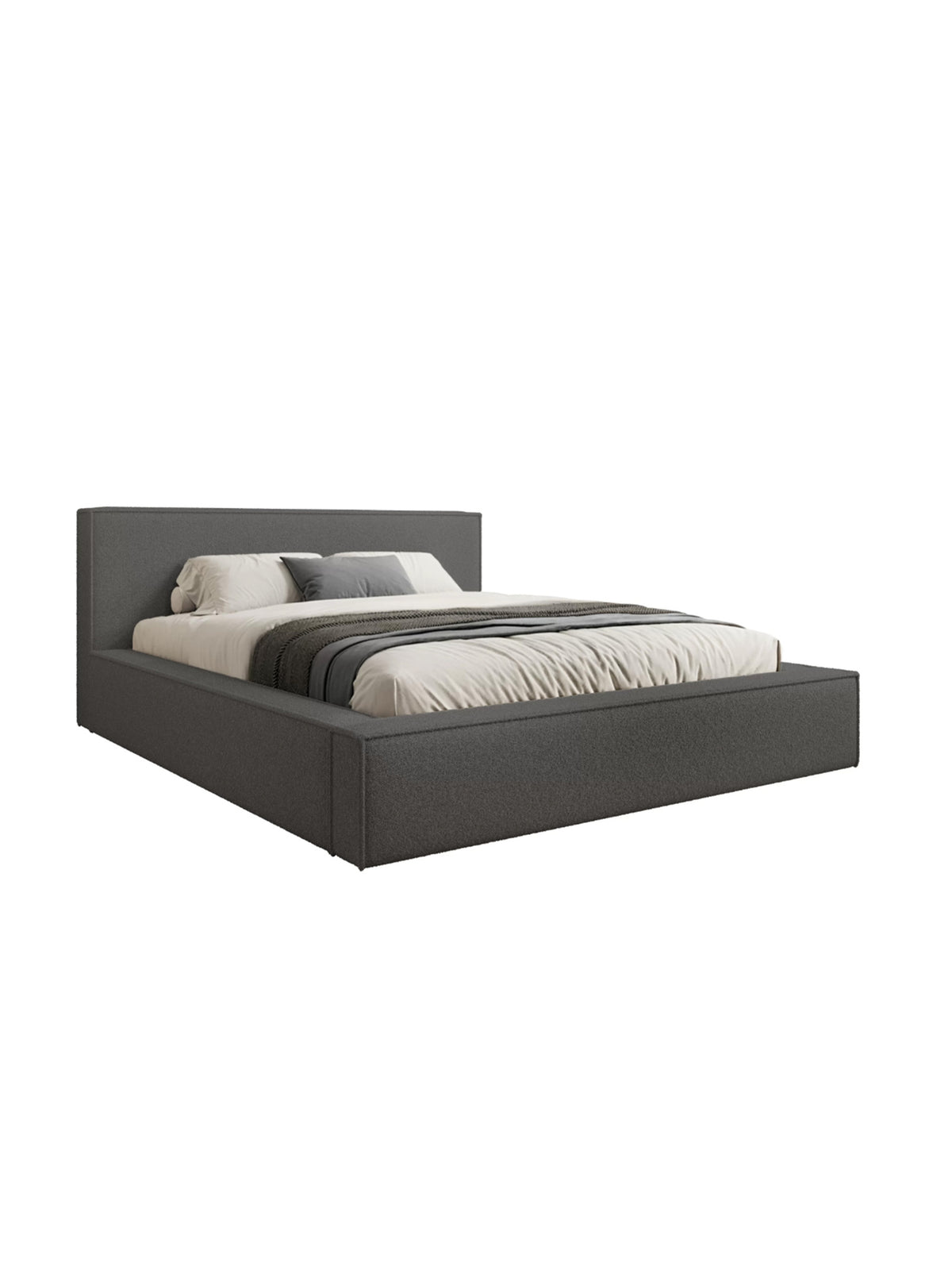Nirello 180x200 kárpitozott ágy sötétszürke bouclé anyaggal, tárolóval, oldalnézet