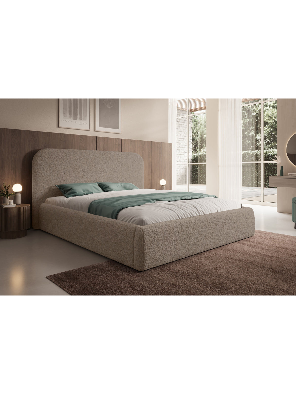Rasel 160x200 kárpitozott ágy tárolóval, sötét bézs boucle Quelle 05, oldalnézet