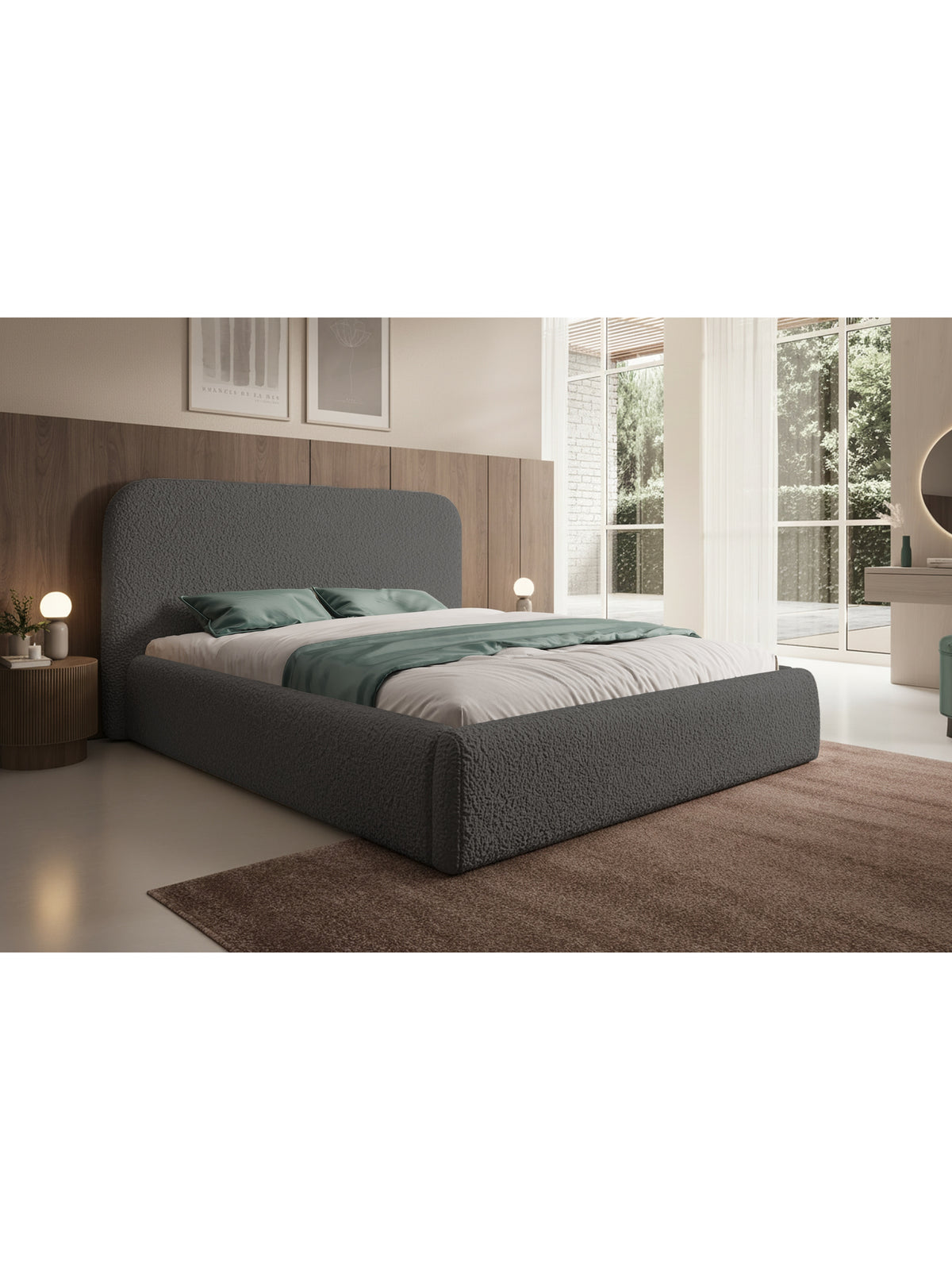 Rasel 160x200 kárpitozott ágy sötétszürke boucle Quelle 92 tárolóval, oldalnézet