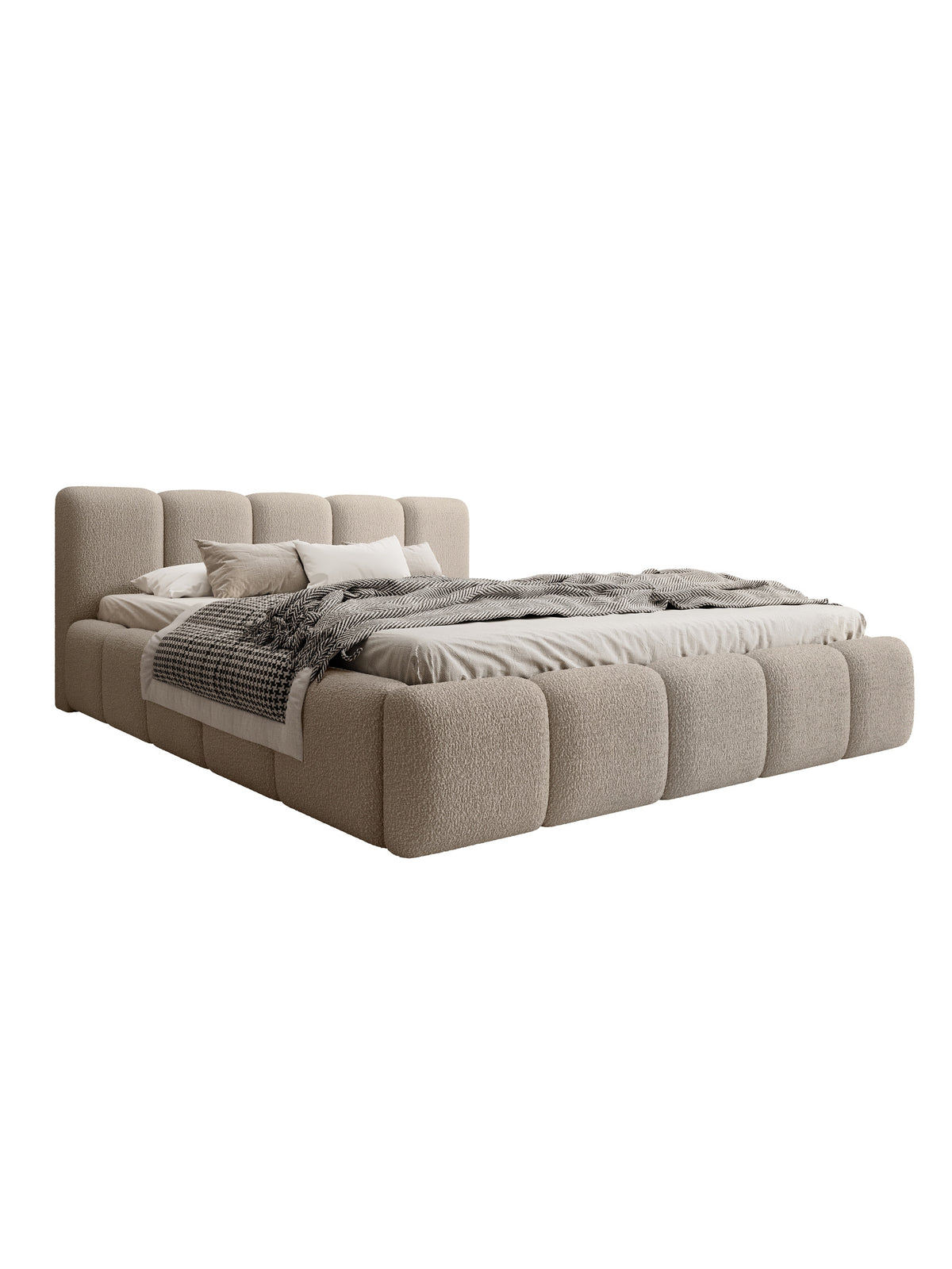 Tesia 160x200 tárolós kárpitos ágy s sötétbézs boucle Quelle 05 szövetből, elölnézet