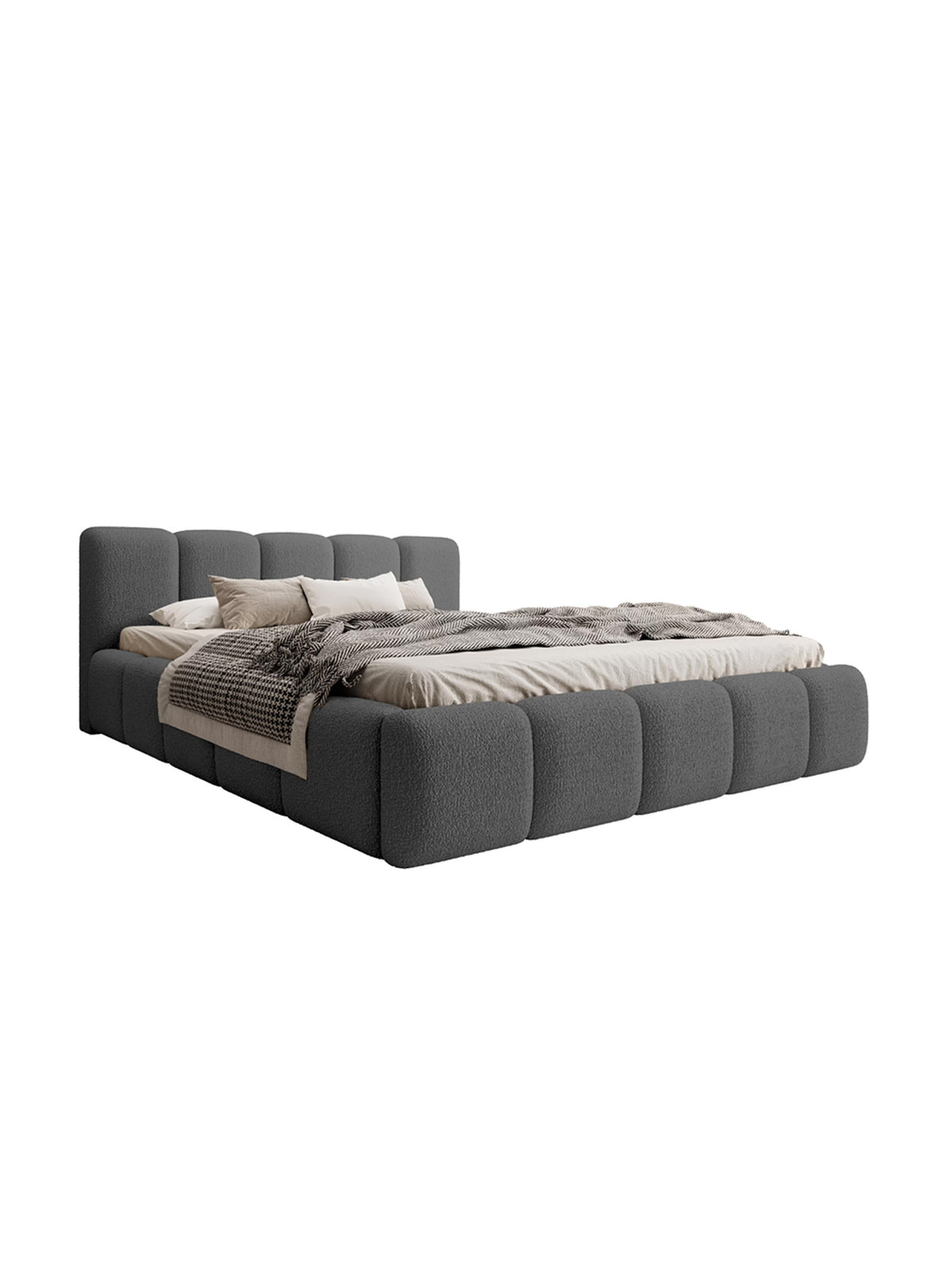 Tesia 160x200 kárpitozott ágy sötétszürke boucle Quelle 92, oldalnézet fejtámlával