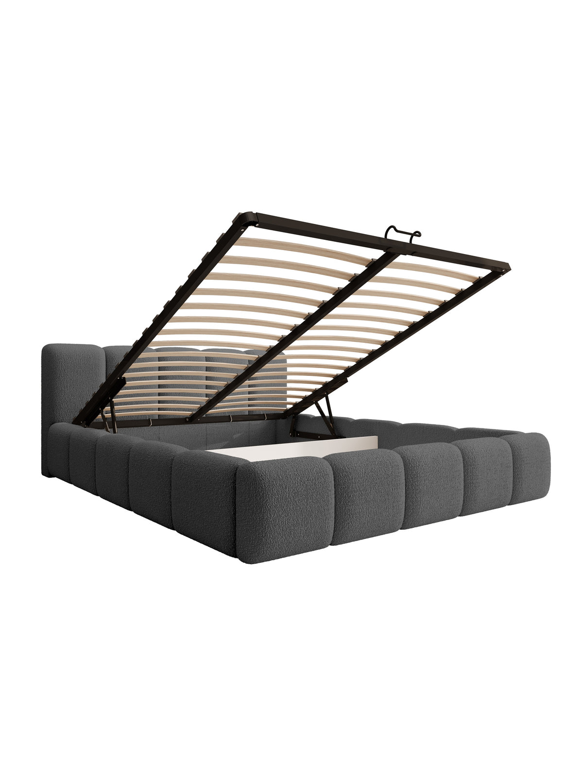 Tesia 160x200 sötétszürke boucle kárpitozott ágy tárolóval és fém rácsszerkezettel
