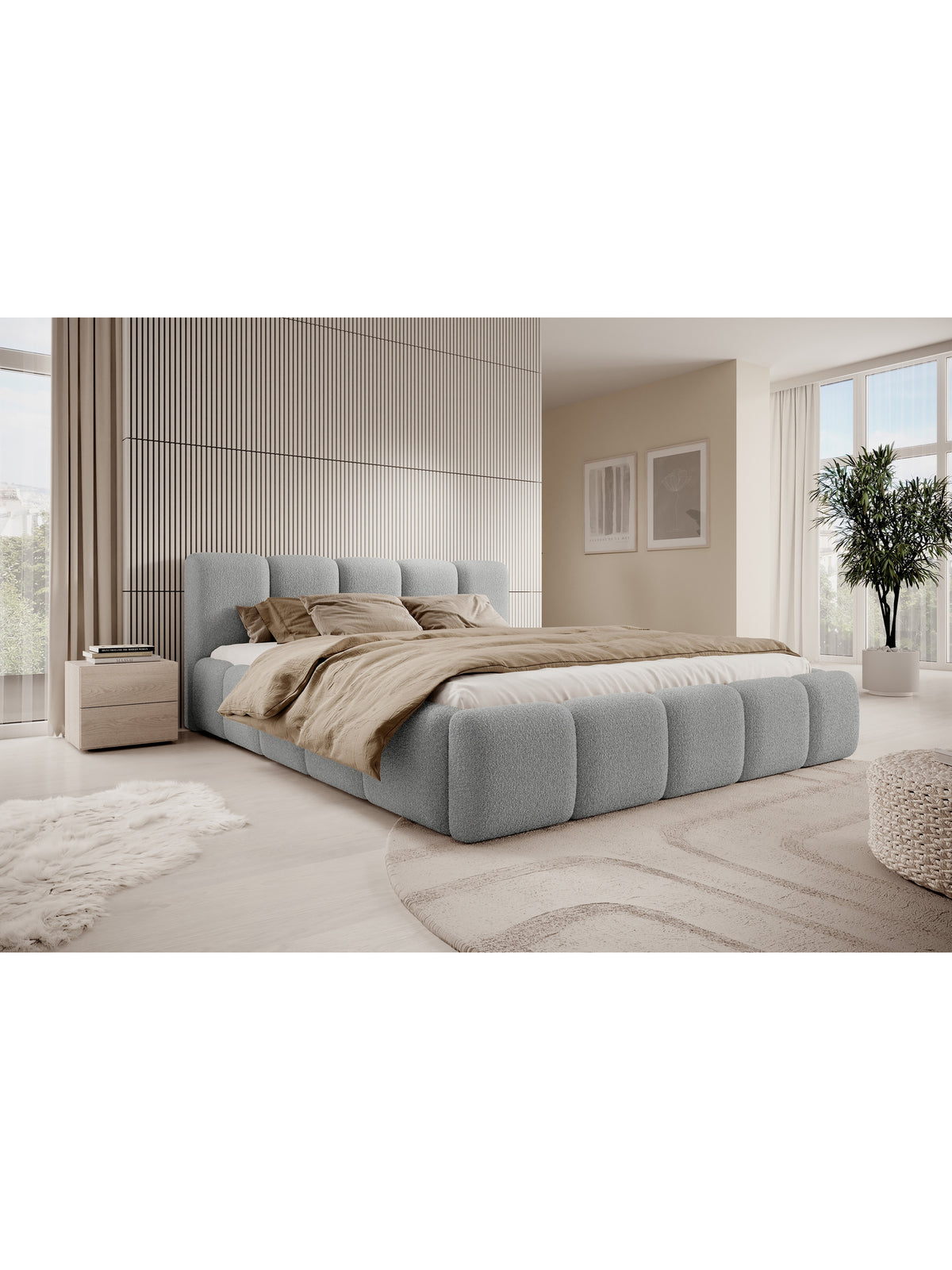 Tesia 160x200 kárpitozott ágy szürke boucle anyagból, elölről nézve
