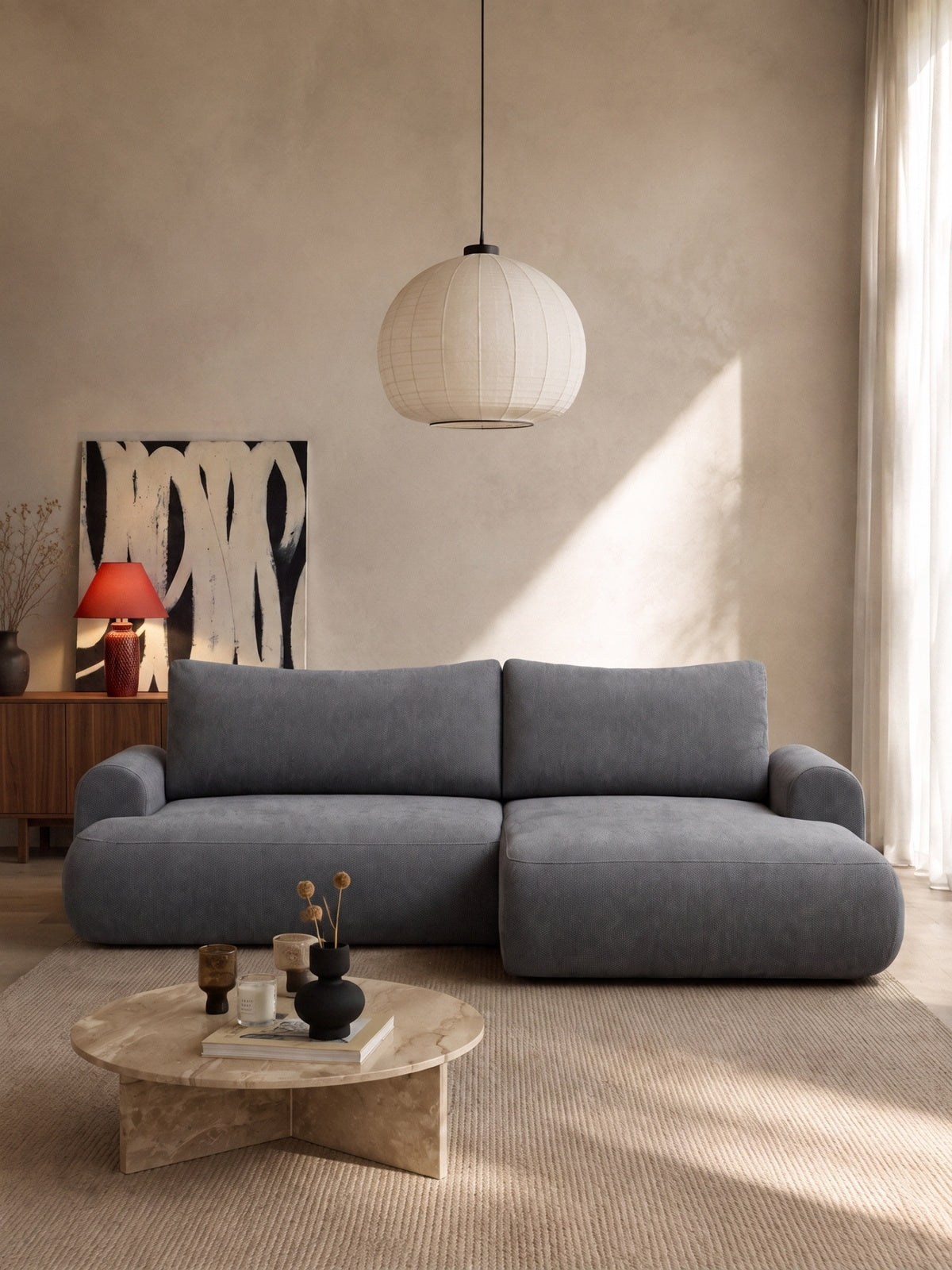 Lotulis Mini sarokkanapé jobb oldali szürke Vibe 95 szövet modern nappaliban