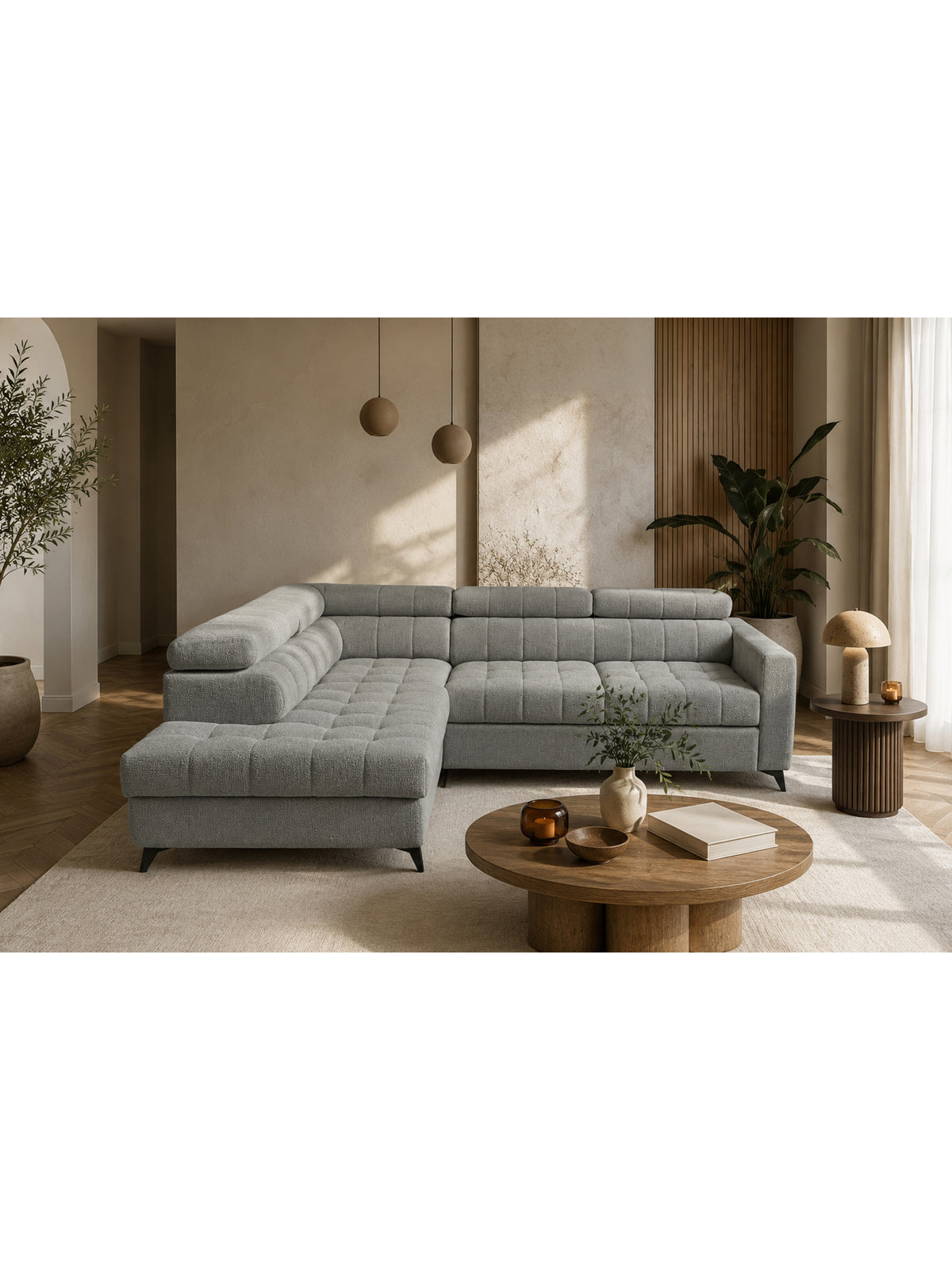 Naroznik Nardo L z funkcja spania bal oldali - szürke chenille Perfect harmony 85