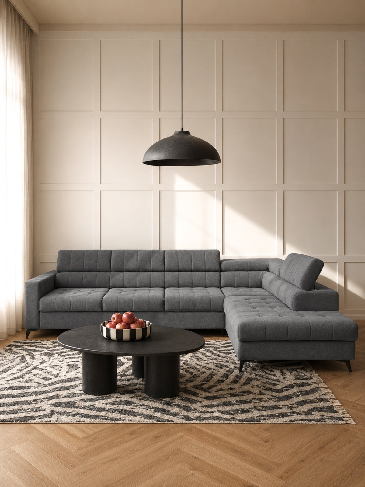 Nardo Maxi sarokkanapé jobb oldali szürke Pretty 17 plüss modern nappaliban
