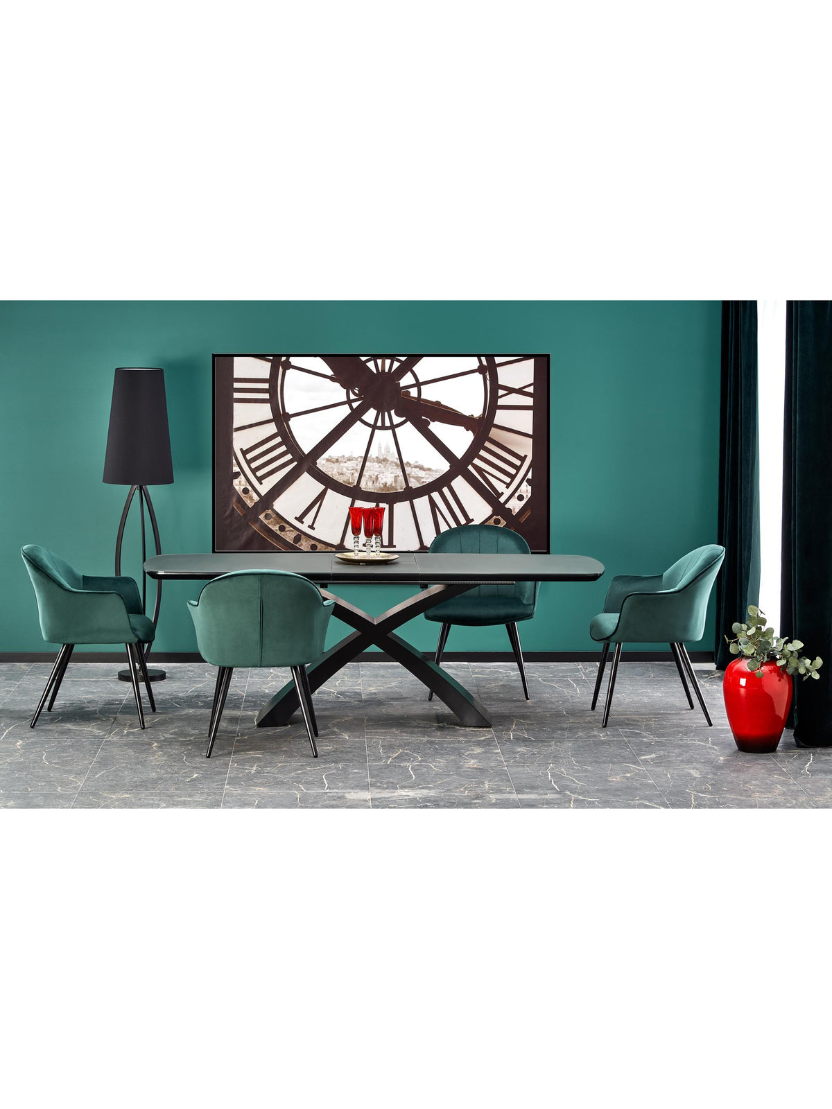 Virello 180-220x89 cm felnyitható asztal sötét szürke matt felülettel és fekete lábakkal, elölnézet