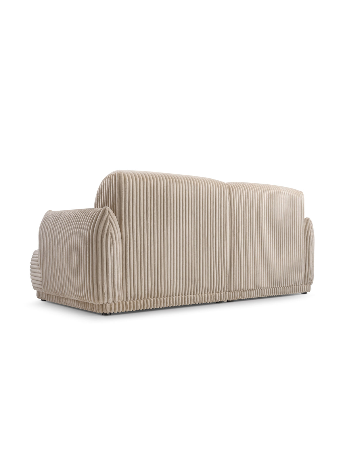 Sofa Cubero do salonu w beżowym pikowanym obiciu z czarnymi nogami, widok tyłu
