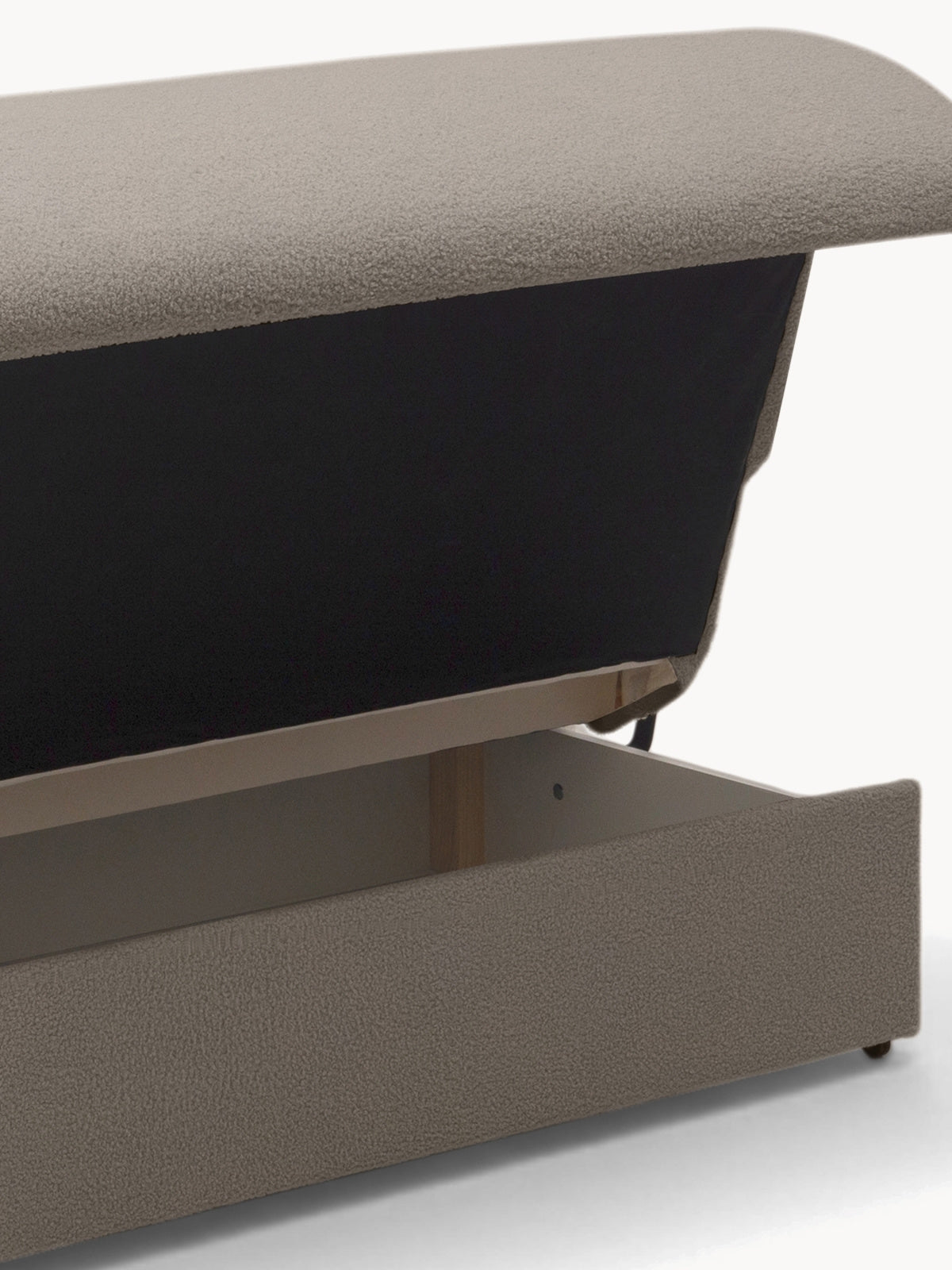 Sofa rozkładana Nido 120 cm beżowa boucle z pojemnikiem na pościel - widok otwartej skrzyni