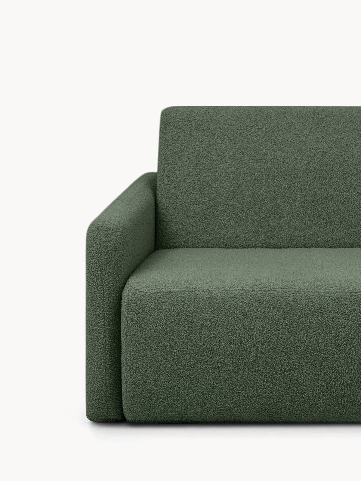 Kinyitható Nido kanapé 120 cm zöld boucle, bal oldali karfa és ülőrész részlet