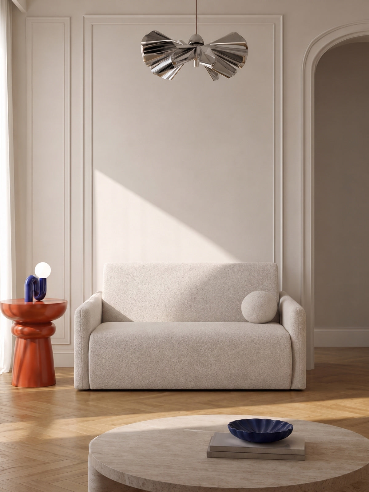 Sofa rozkładana Nido trzyosobowa 140 cm jasny beżowy boucle z poduszką