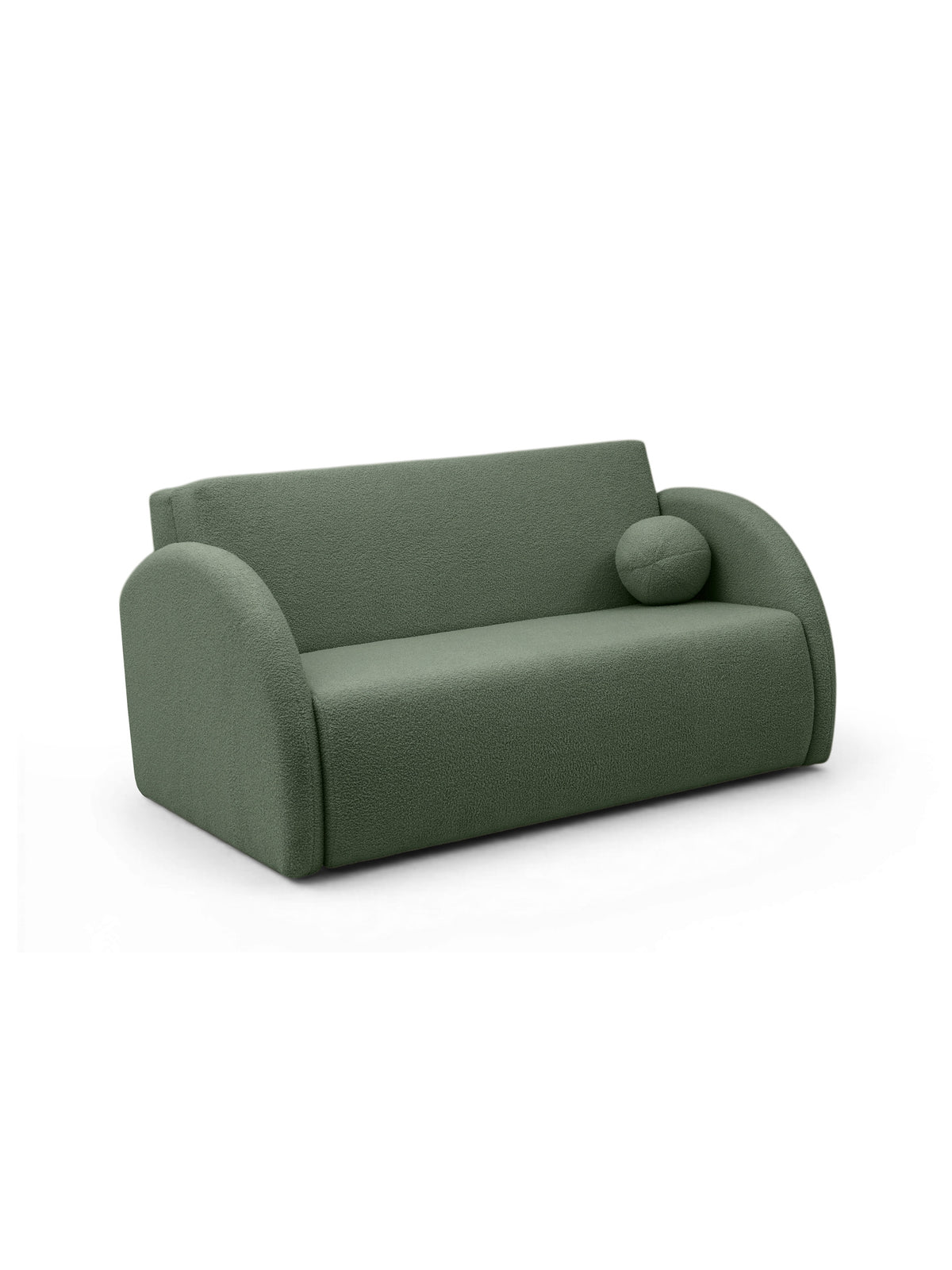 Nubi kétszemélyes 120 cm kihúzható kanapé zöld boucle anyagból, párnával, elölnézet