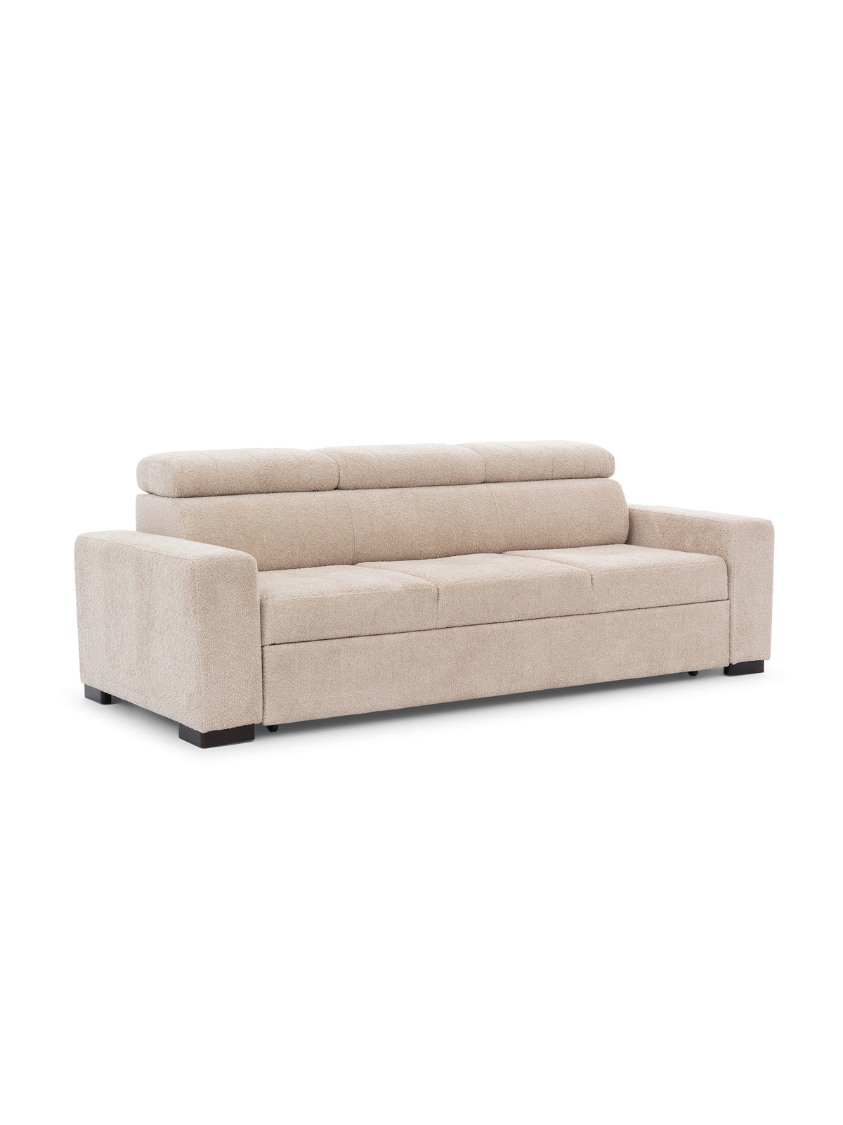 Sofa trzyosobowa Modeno z funkcją spania i regulowanymi zagłówkami beżowa na nóżkach wenge