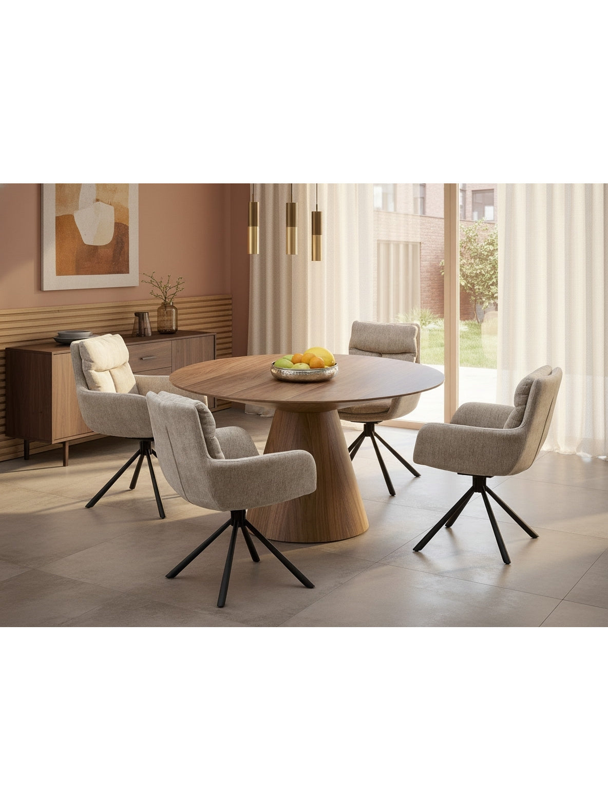 Doran 136 cm körasztal dió színben, MDF asztallappal, Mid-Century Modern stílus