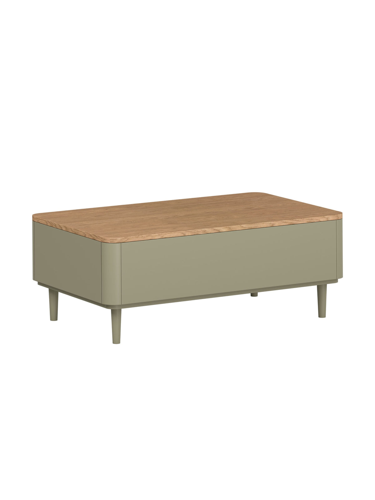 Elivo 100 cm kávézóasztal fiókokkal, olívazöld eukaliptusz, baltic dune tölgy lap
