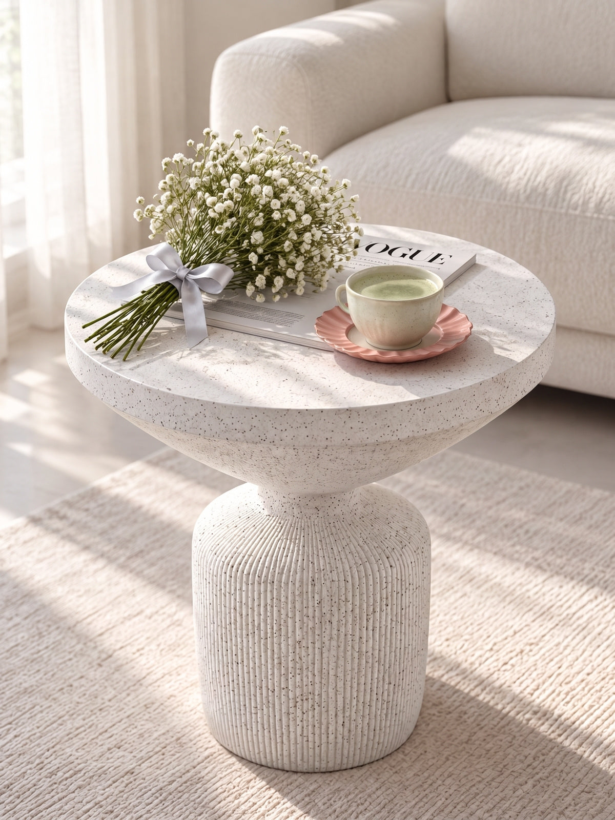 asztal kawowy okragly Sintro 54 cm - biale lastryko