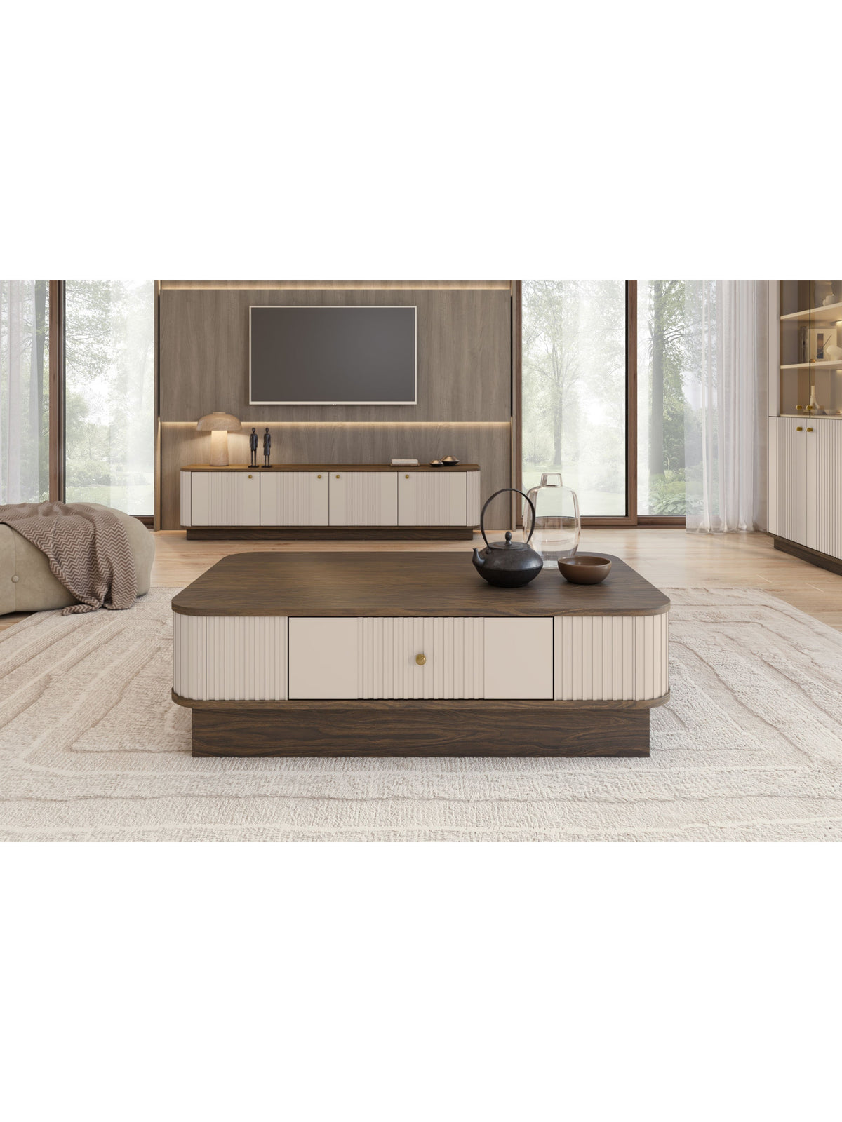 asztal kawowy z szuflada Vesper 103x60 cm - kasmír / diofa / aranysárga uchwyt