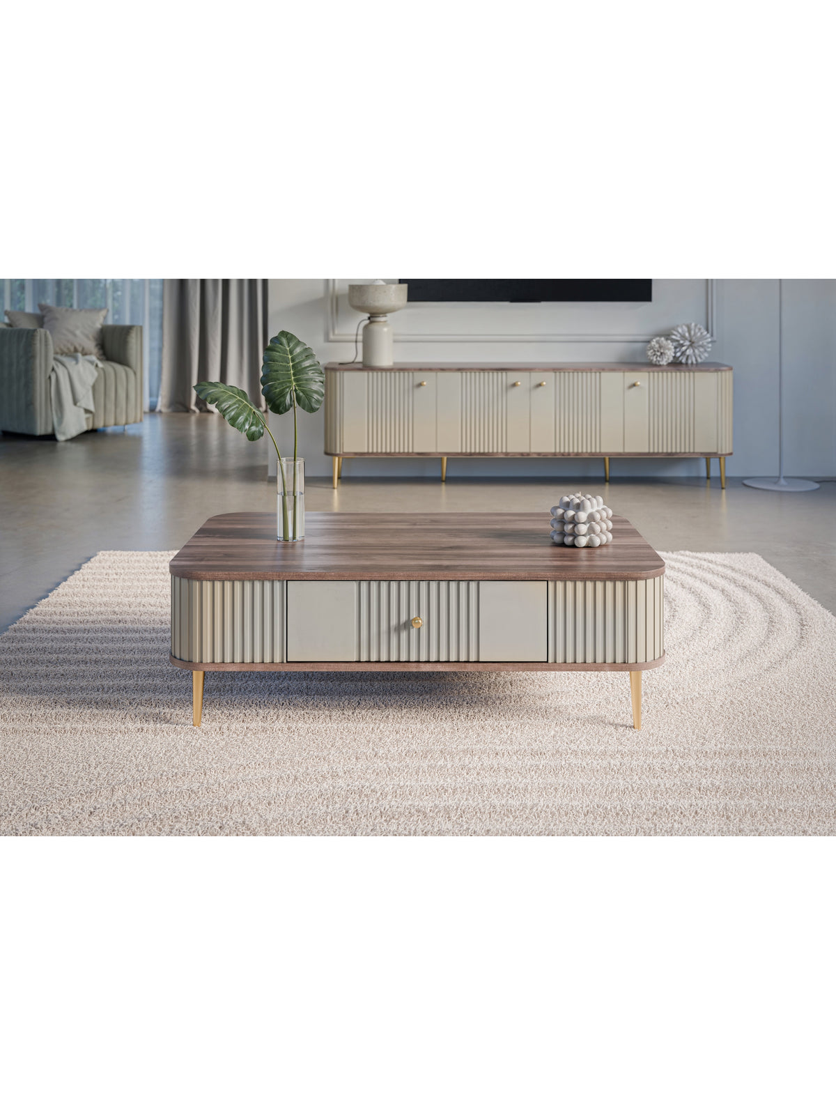 Vesper kávézóasztal 103x60 cm kasmír, diófa asztallap és arany lábak