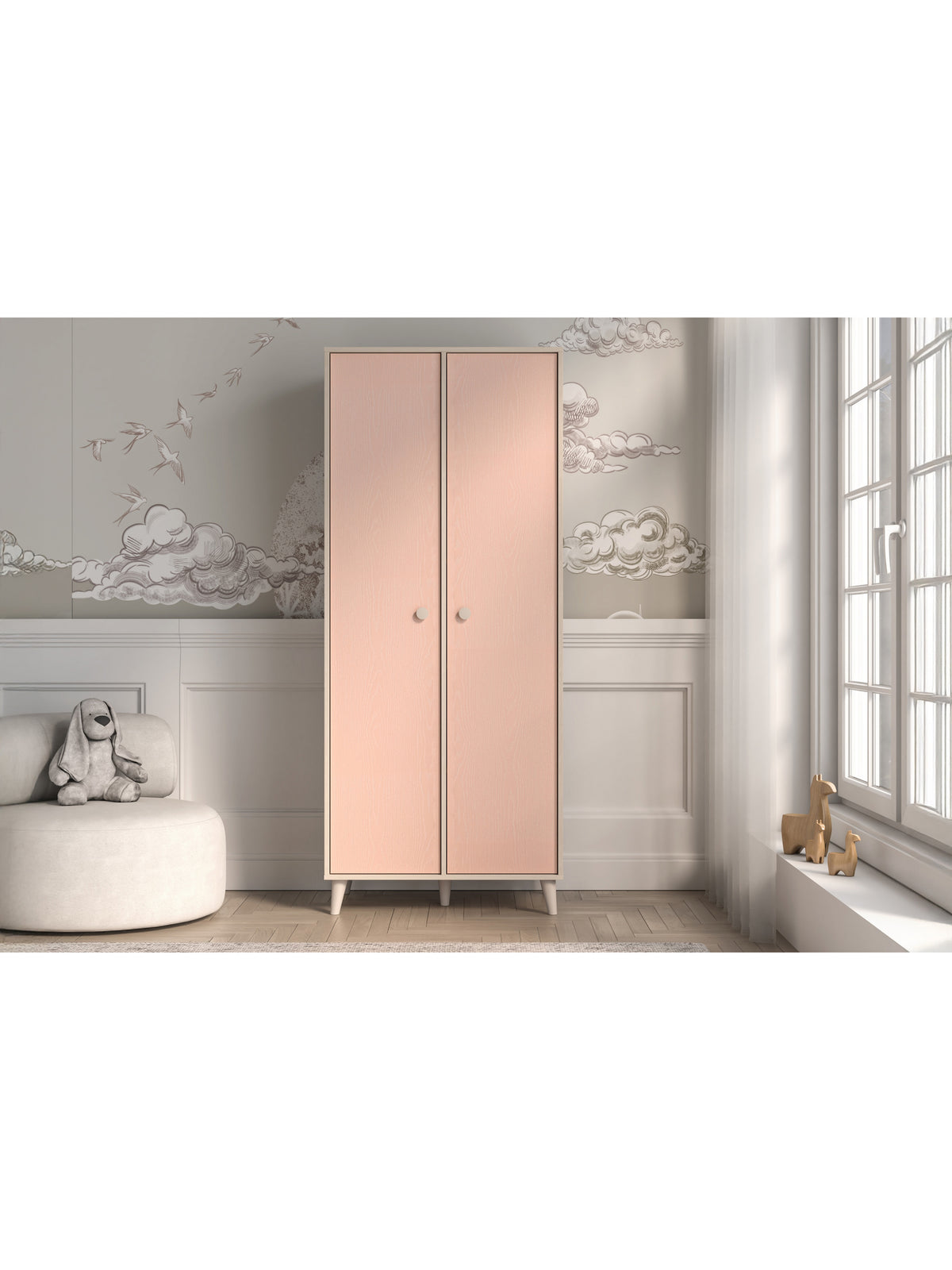 Marla gyerekszekrény 80 cm sivatagi homok és millenial pink színben, rózsaszín ajtók, elölnézet
