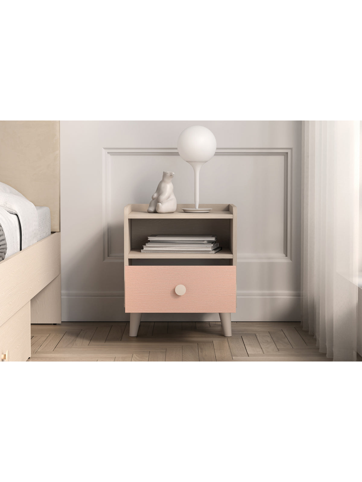 Marla éjjeliszekrény 45 cm homok barna test pink millenial pink fiókkal, egy rekesszel