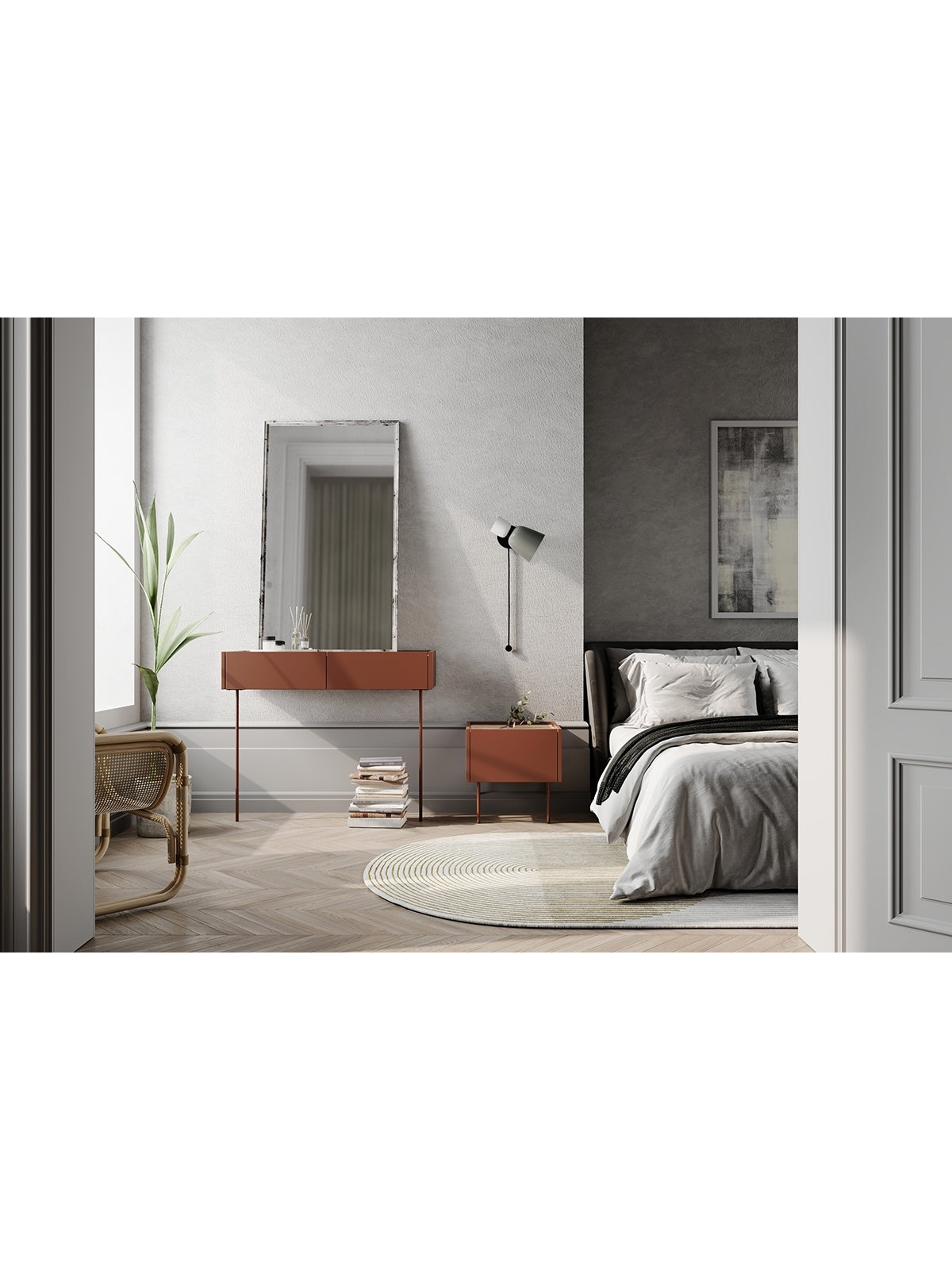 Desin éjjeliszekrény fiókkal ceramic red színben, tölgy nagano lap 45 cm