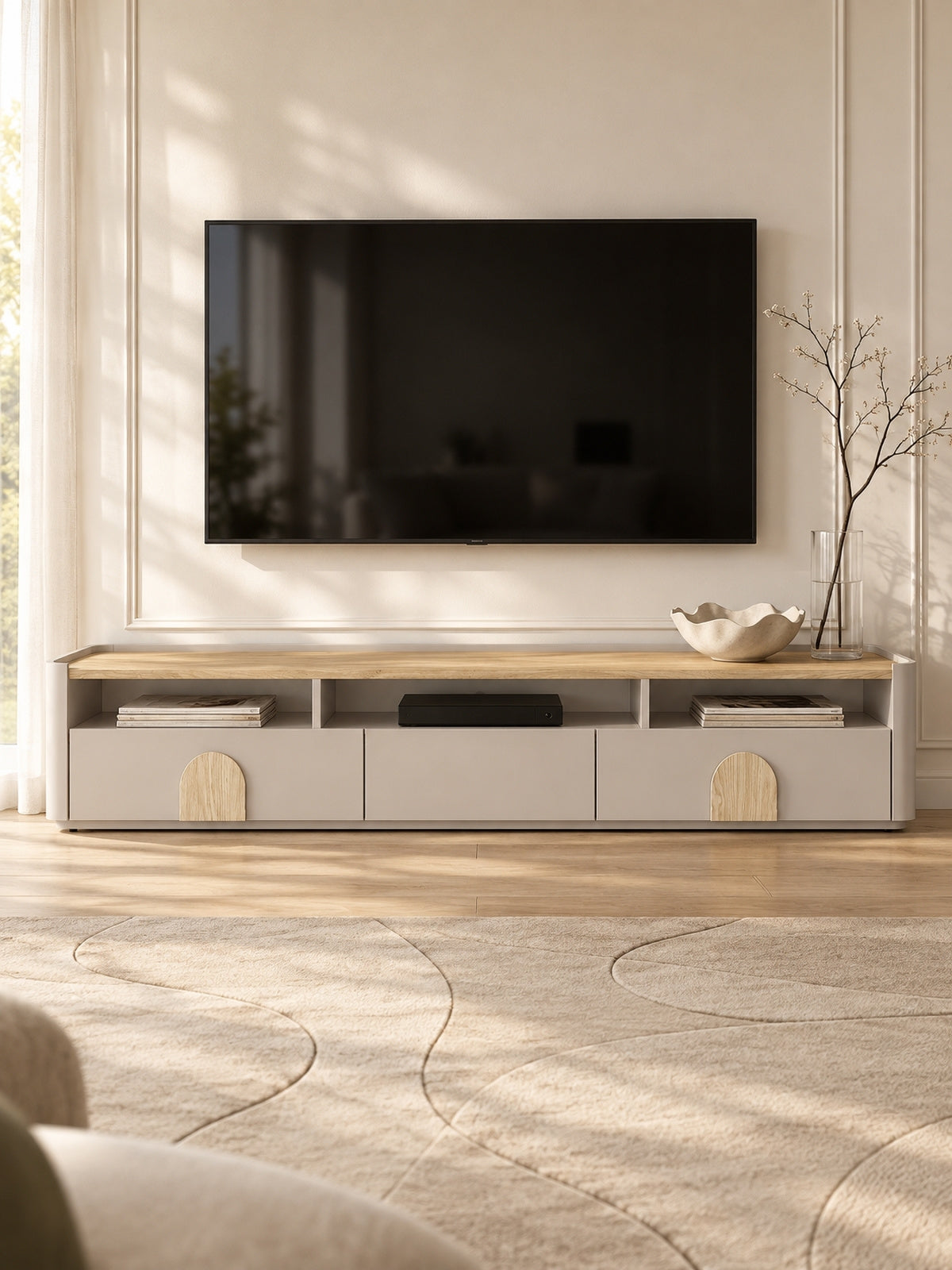 TV-szekrény Amilio 200 cm fiokokkal - kasmír / dab olejowany / Fogantyúk dab világos