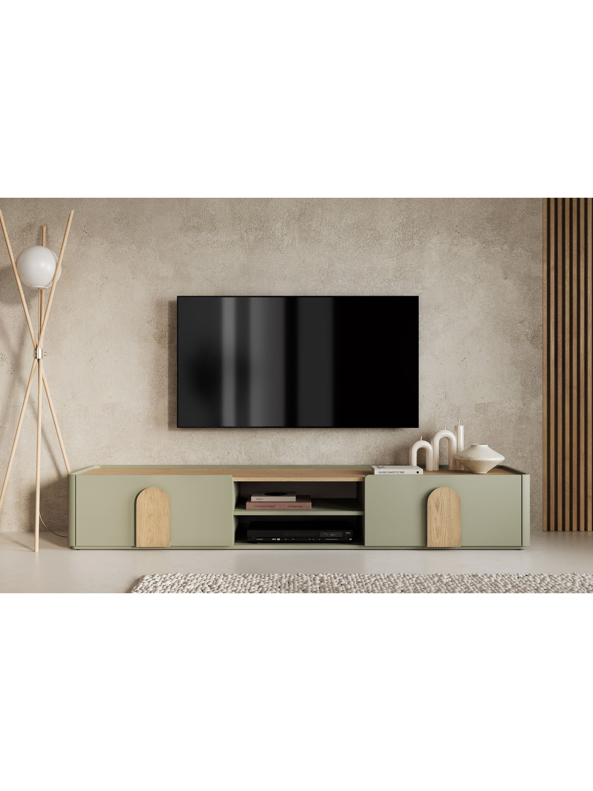 Amilio 220 cm TV szekrény fiókkal eukaliptusz színben, baltic dune tölgy lap