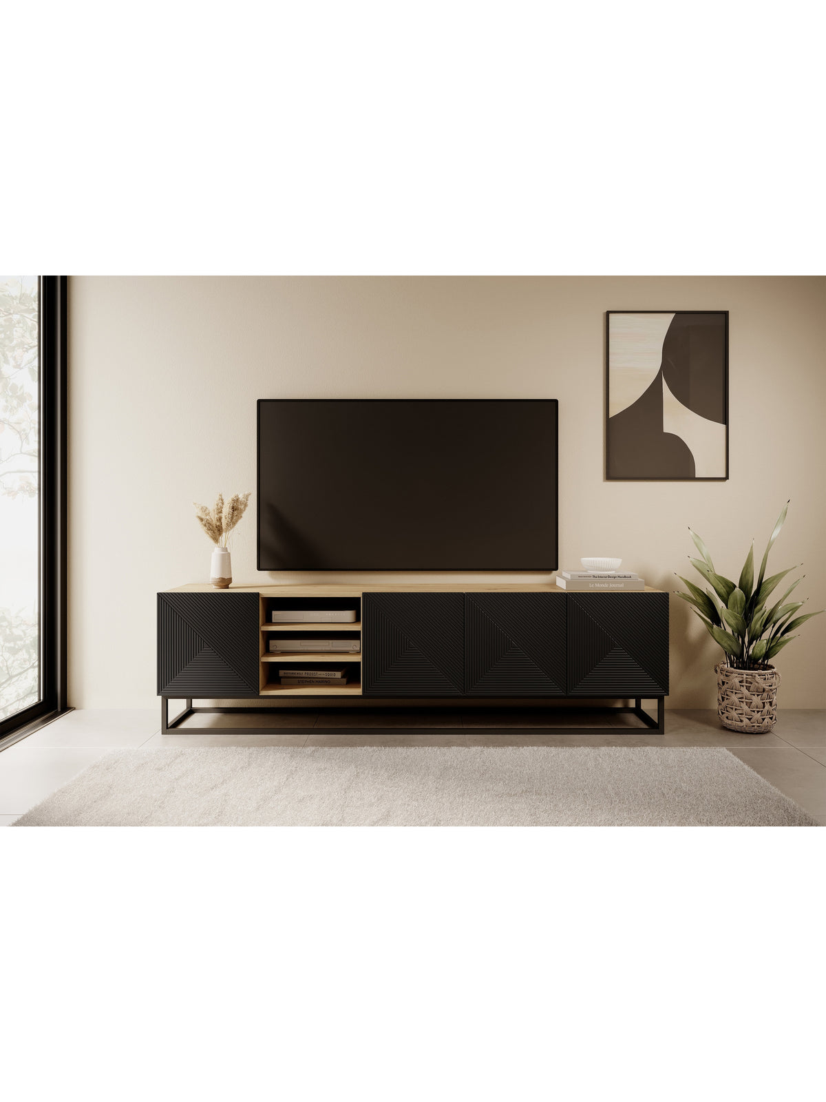 Asha 200 cm TV szekrény, fekete matt bordázott front, fém állvánnyal