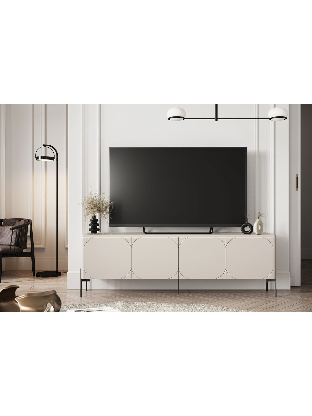 Sonatia 200 cm kasmír matt TV szekrény fekete fém lábakkal, négy ajtós, két fiókos