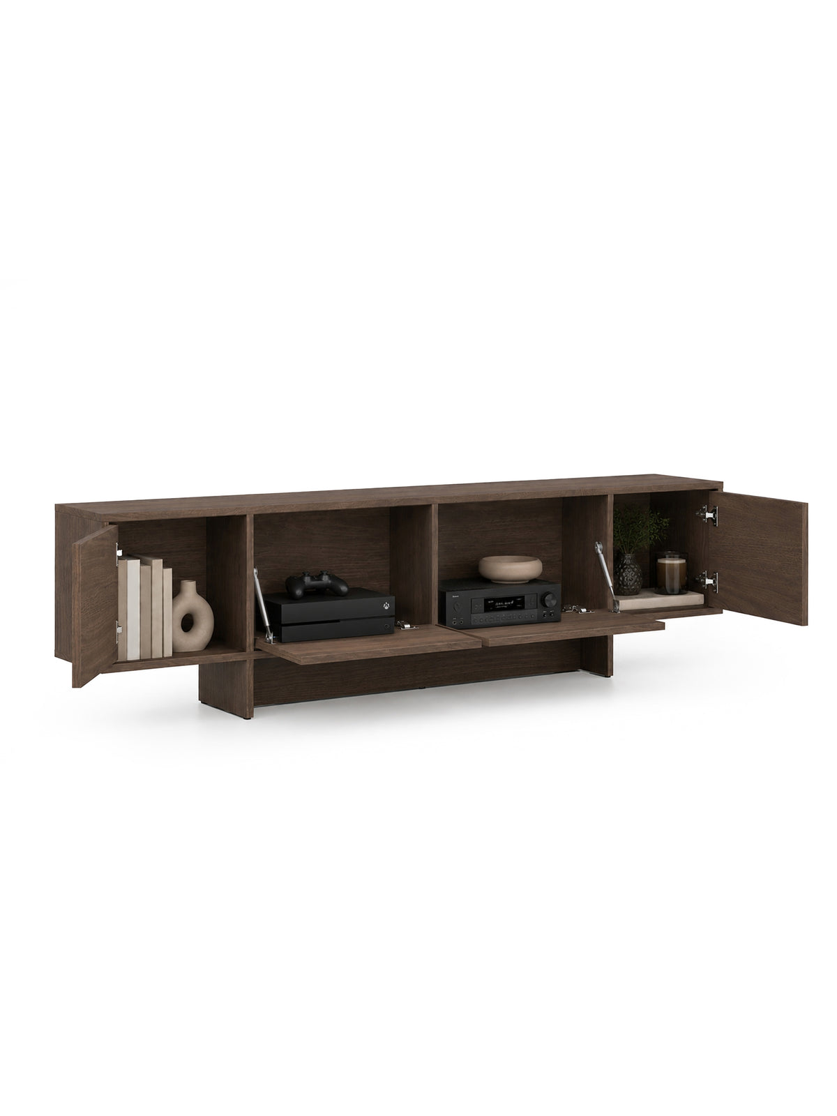 Szafka RTV czterodrzwiowa Zolia 180 cm na cokole w kolorze orzech elegant otwarta