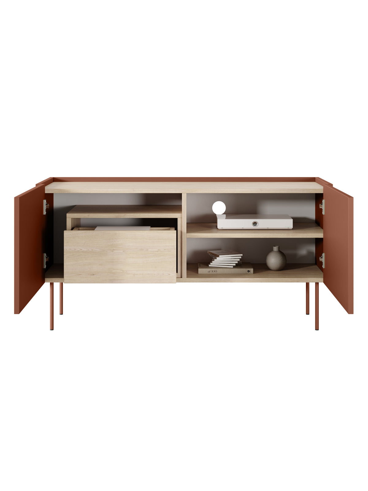 Desin 120 cm TV szekrény ceramic red matt felülettel, tölgy nagano lap, nyitott ajtók és fiók