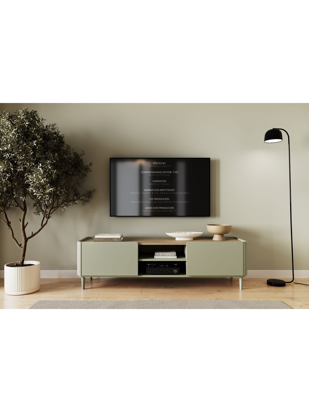 Elivo 170 cm TV szekrény eukaliptusz színben, dąb baltic dune pulttal, elölnézeti kép