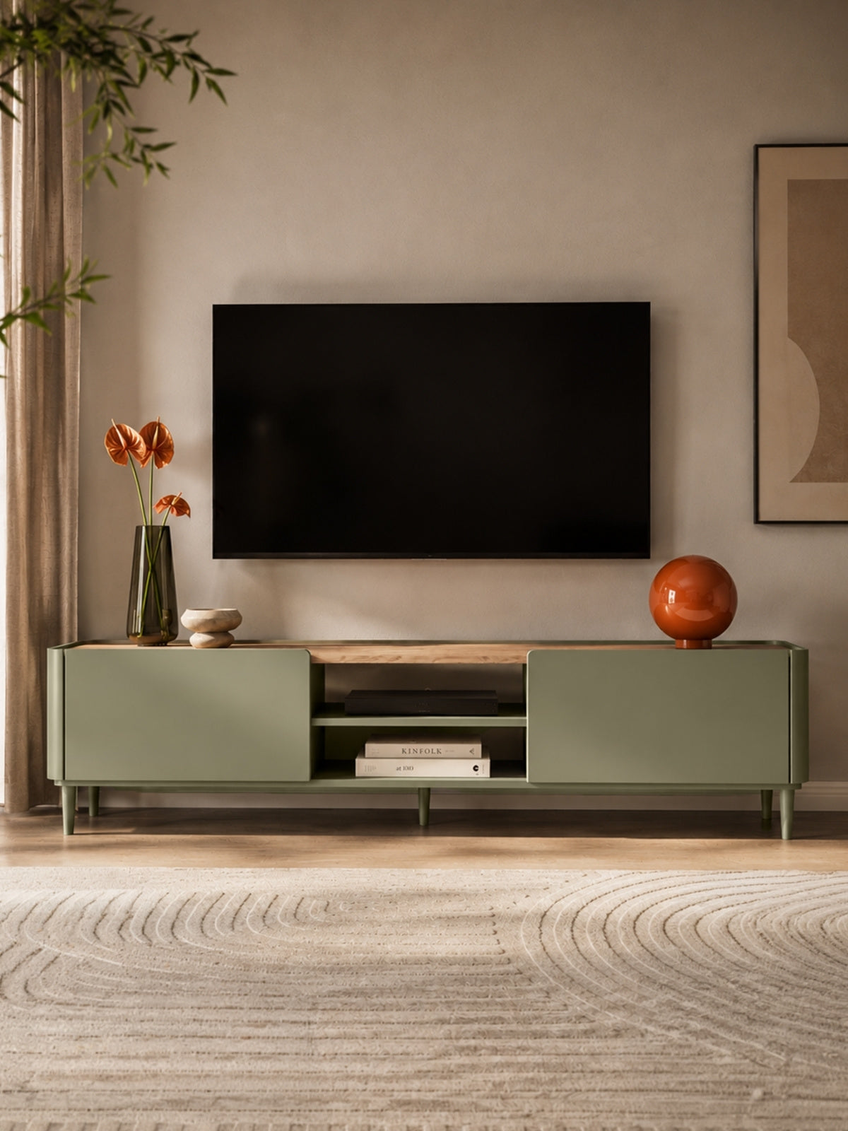 Elivo TV szekrény 220 cm eukaliptusz színben baltic dune tölgy lapozattal