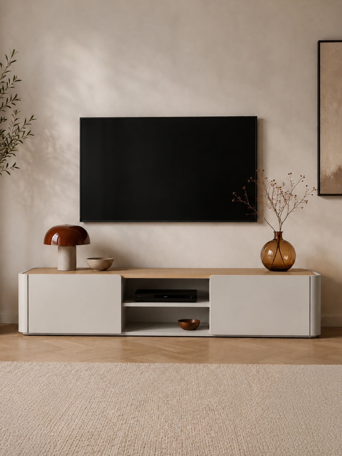 Elivo 220 cm TV szekrény kasmír fiókkal és olajozott tölgy asztallappal