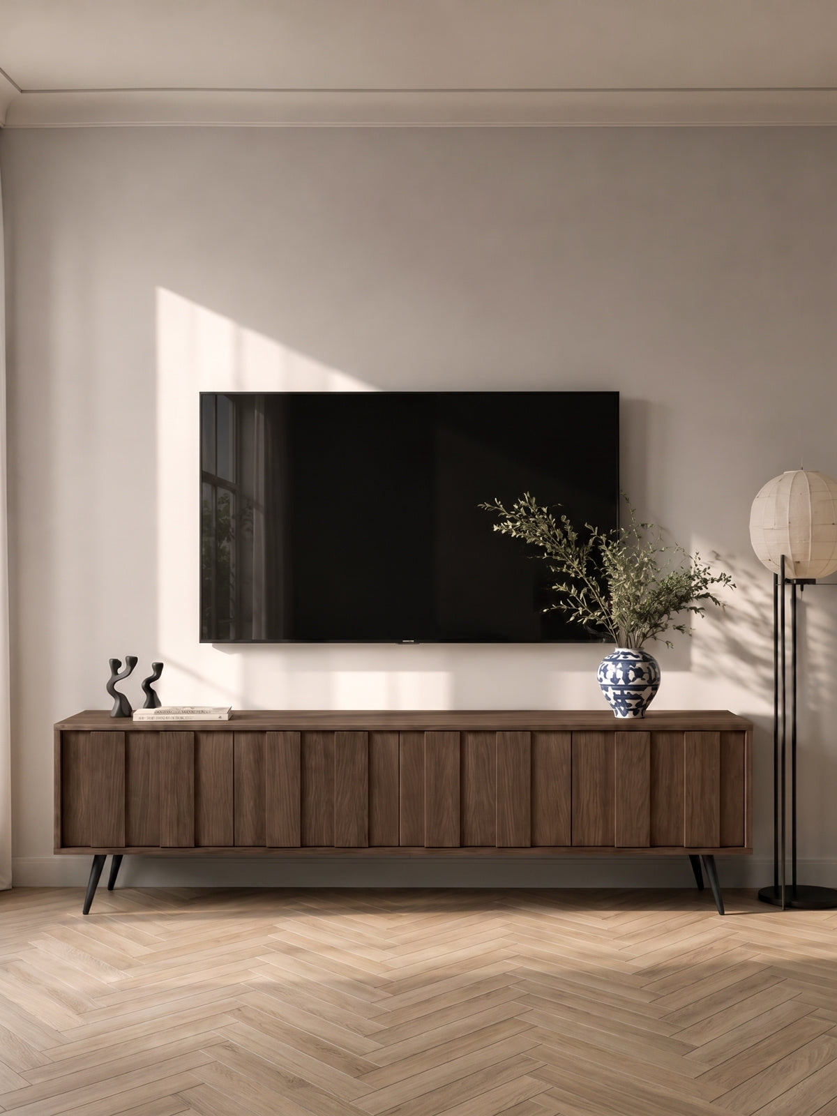 Flaro 184 cm-es RTV szekrény dub dunin színben, fekete lábakkal és meleg LED világítással