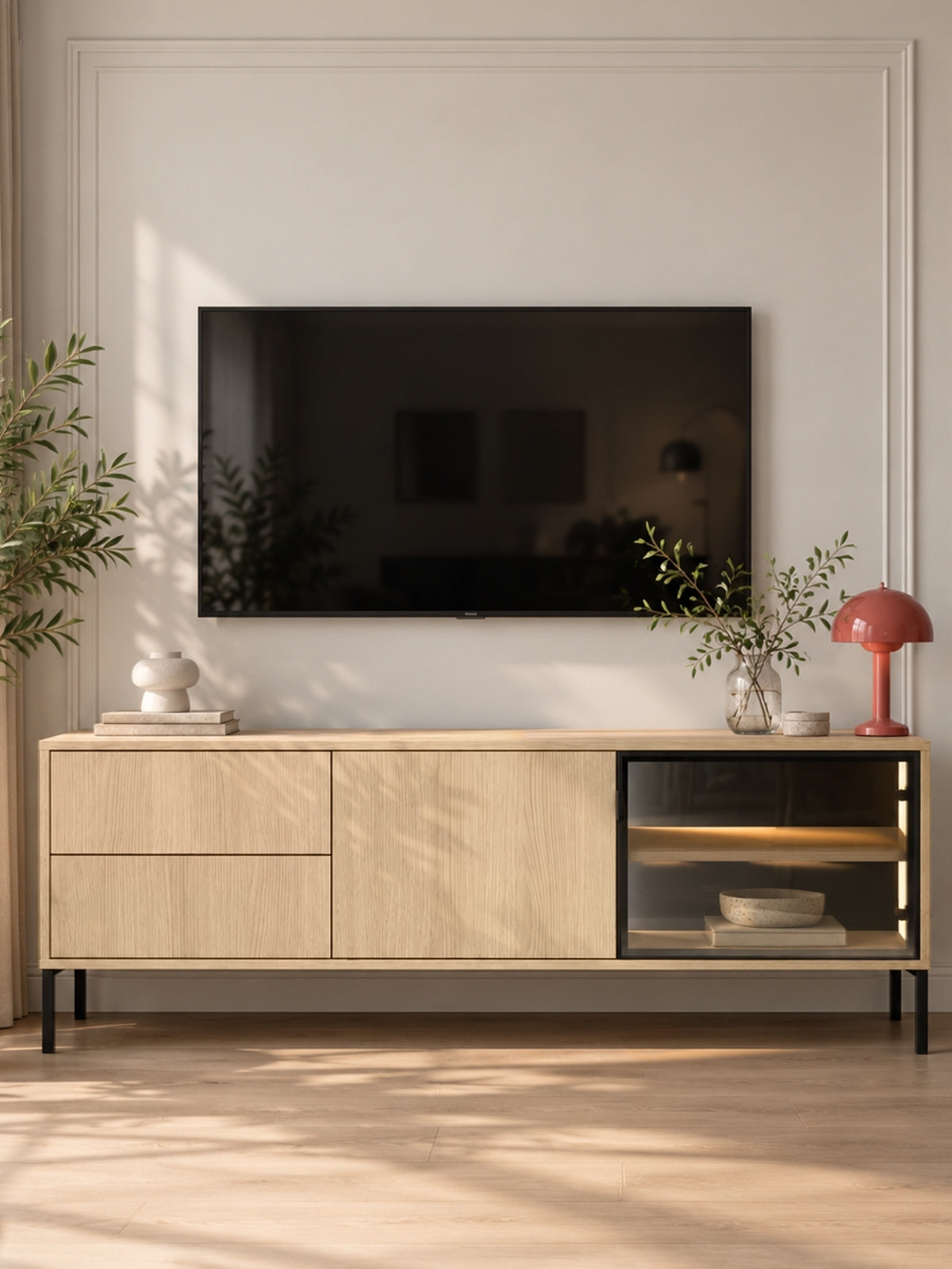 Harmona TV szekrény 160 cm világos tölgy Lindberg LED világítással és fekete lábakkal
