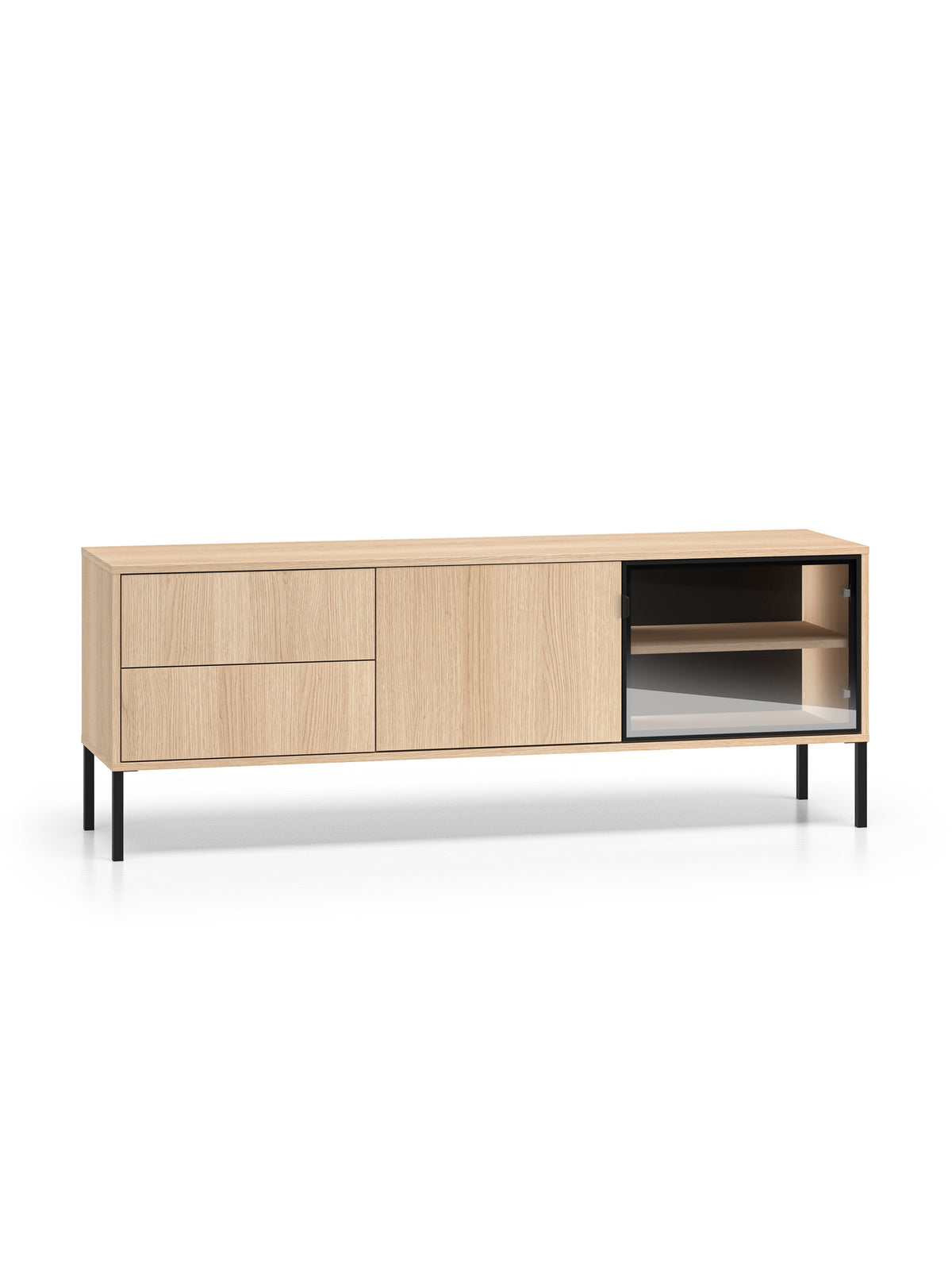 Szafka RTV Harmona 160 cm z szufladami, oświetleniem LED, front dąb lindberg, nóżki czarne