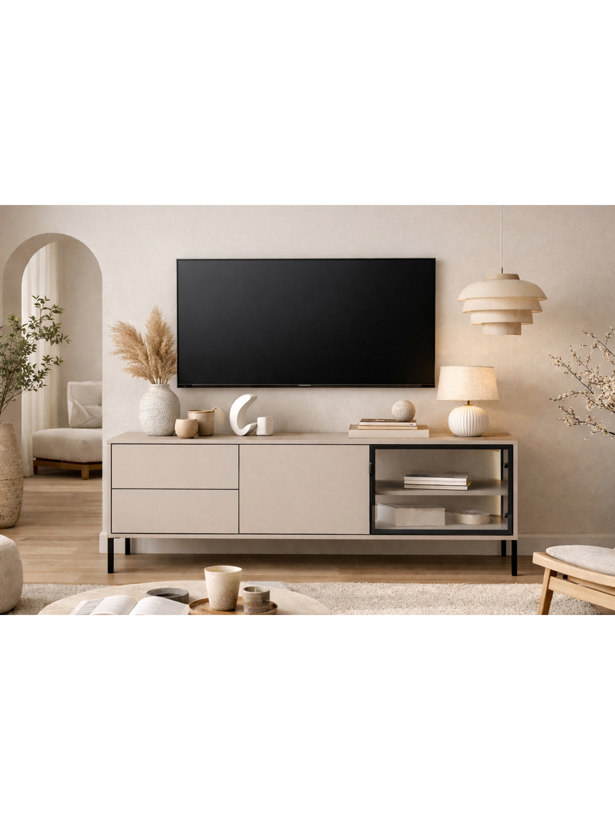 Szafka RTV Harmona 160 cm kaszmir z 2 szufladami, 2 drzwiami i oświetleniem LED