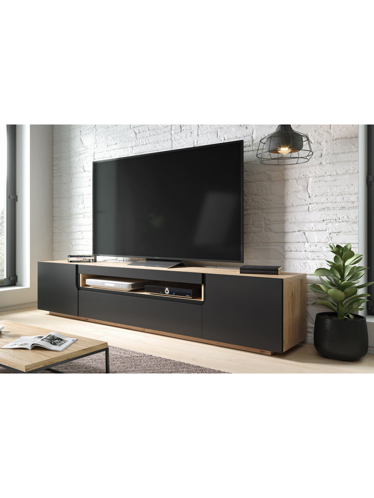 Loftia 200 cm kétajtós TV szekrény fiókkal fekete matt és artisan tölgy