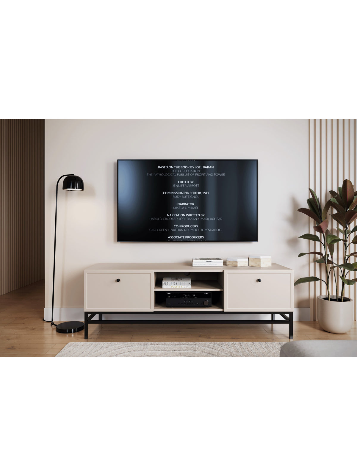 Lorini 150 cm TV szekrényka kasmír színben, fekete fogantyúkkal és fém vázzal, elölnézet