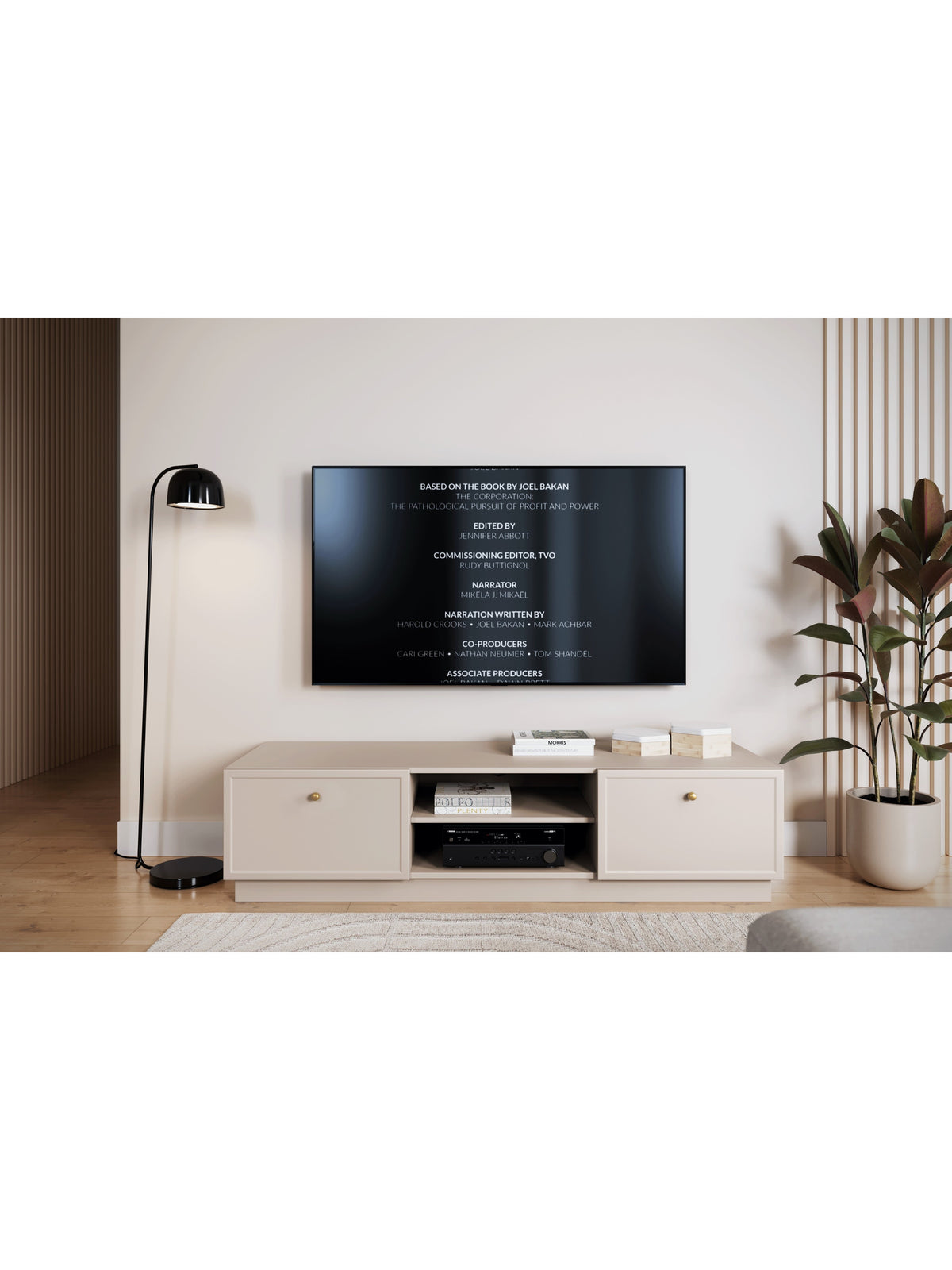 Lorini 150 cm-es TV-szekrény kasmírból, 2 fiókkal és arany fogantyúkkal, elölnézet