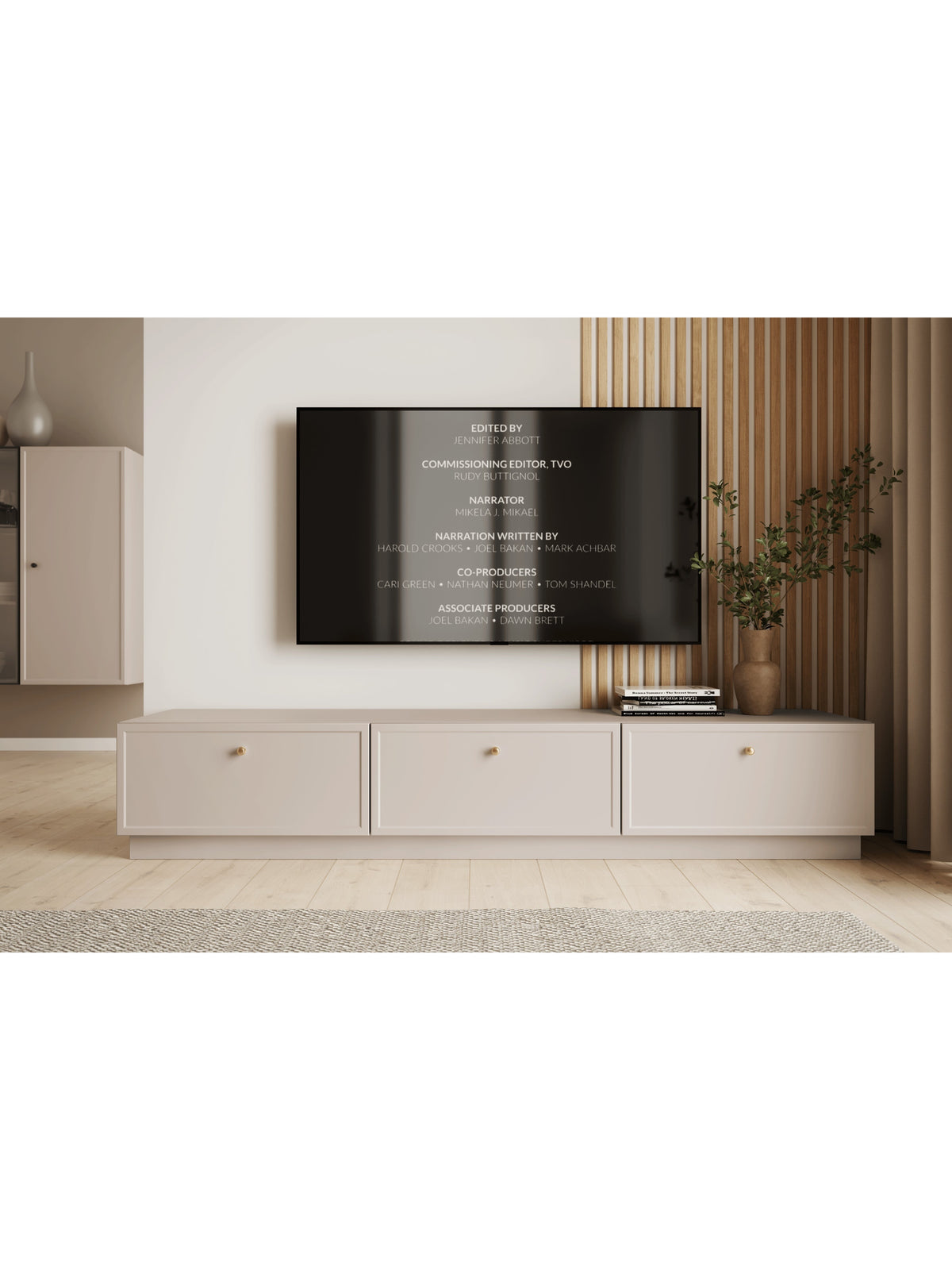 Lorini 200 cm-es TV-szekrény kasmír színben, két fiókkal és arany fogantyúkkal, elölnézet