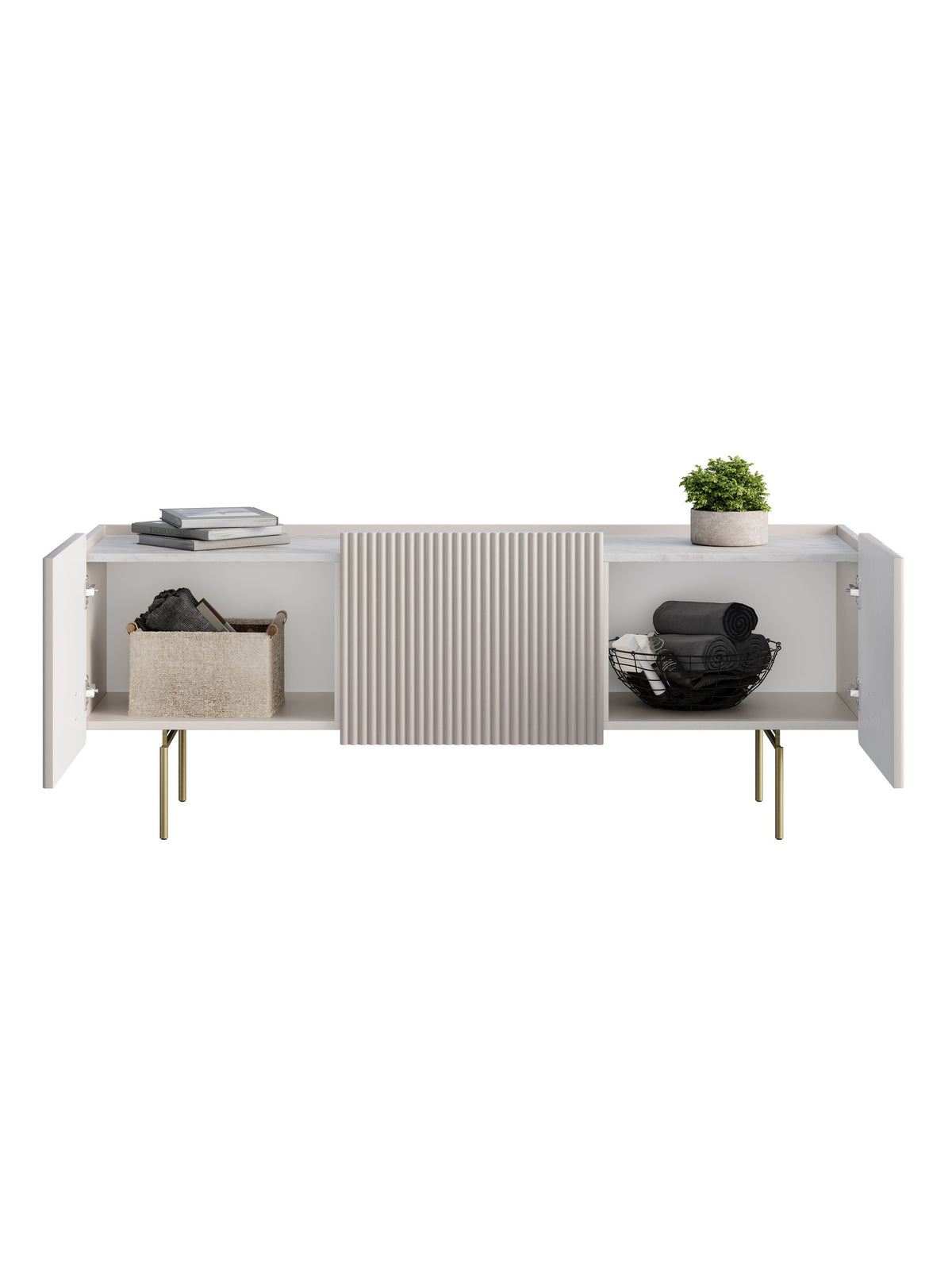 Malmi 150 cm RTV szekrényka kasmír színű bordázott előlappal, crema bianca lap és arany lábak