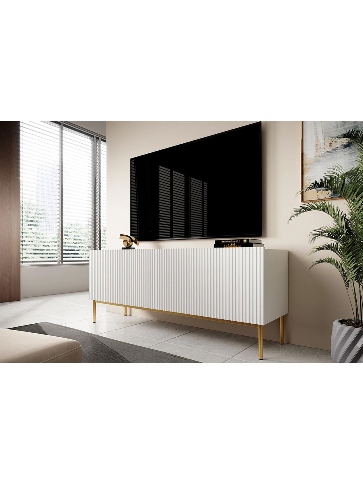TV-szekrény Nicole 150 cm fém lábakon z szuflada - matt fehér / arany lábak