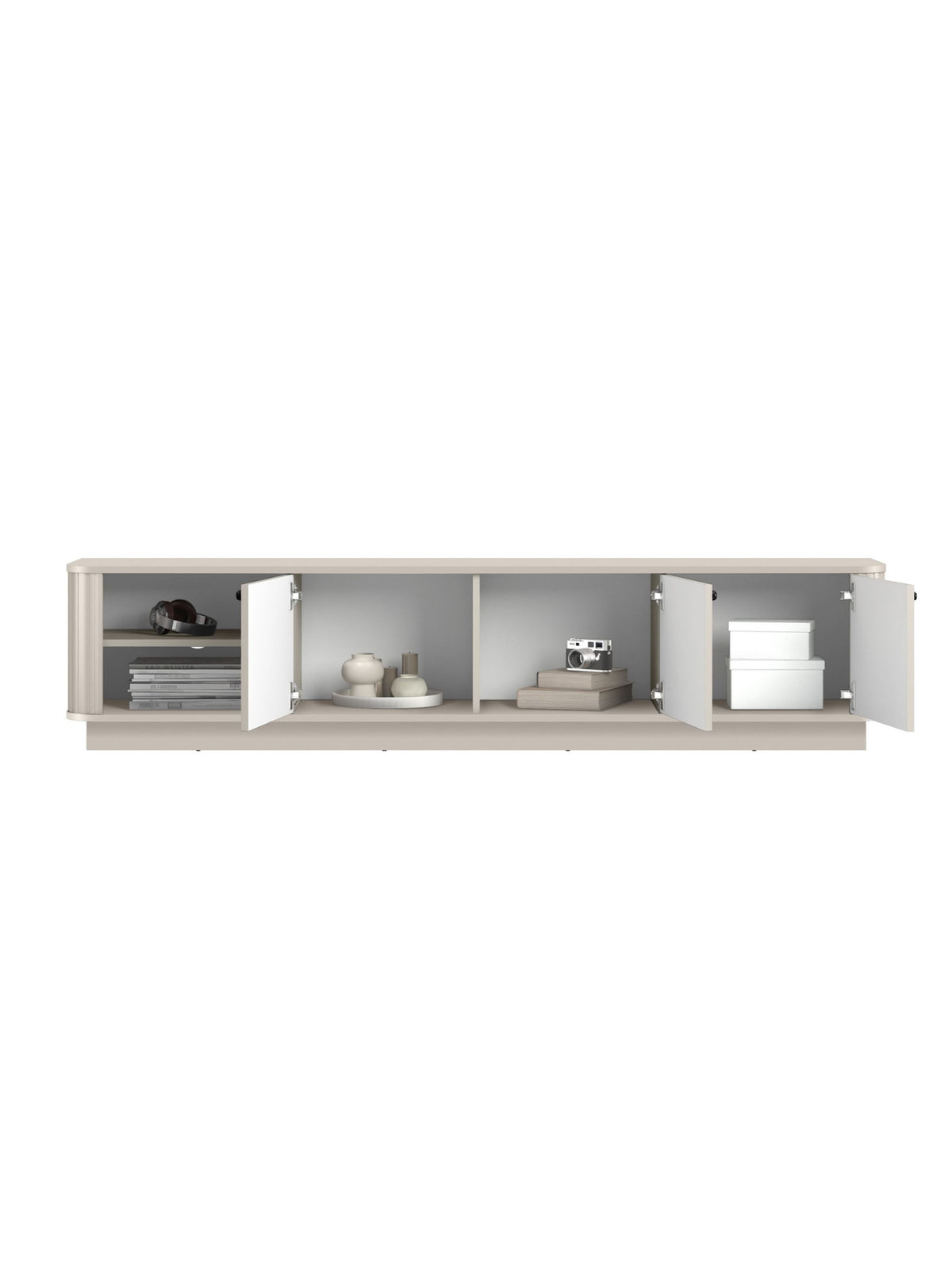 Szafka RTV Vesper 3D 187 cm w kolorze kaszmir z czarnymi uchwytami, widok otwartych drzwi