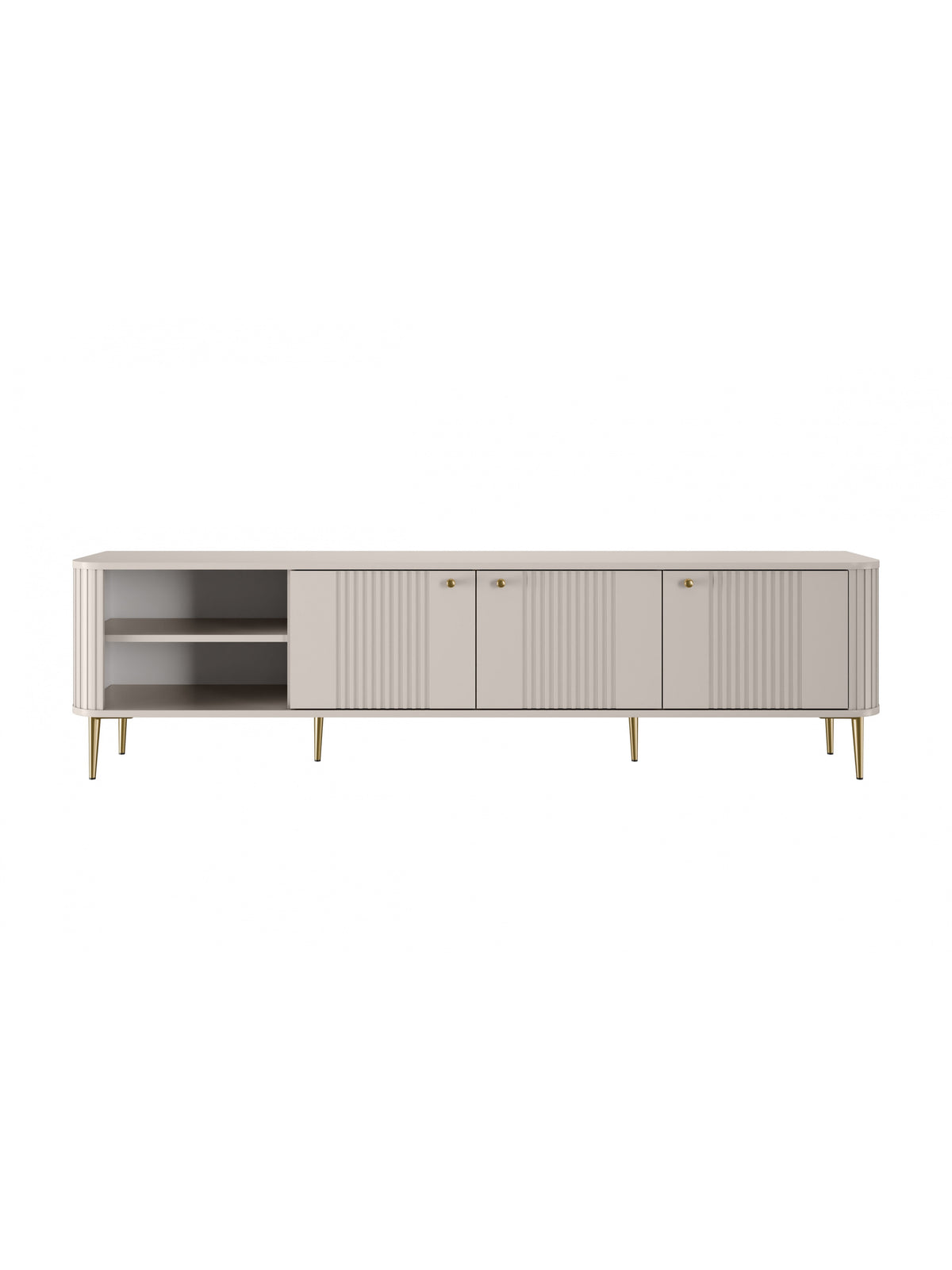 Vesper 3D 187 cm kasmír TV szekrény arany lábakkal és bordázott fronttal, elölnézet