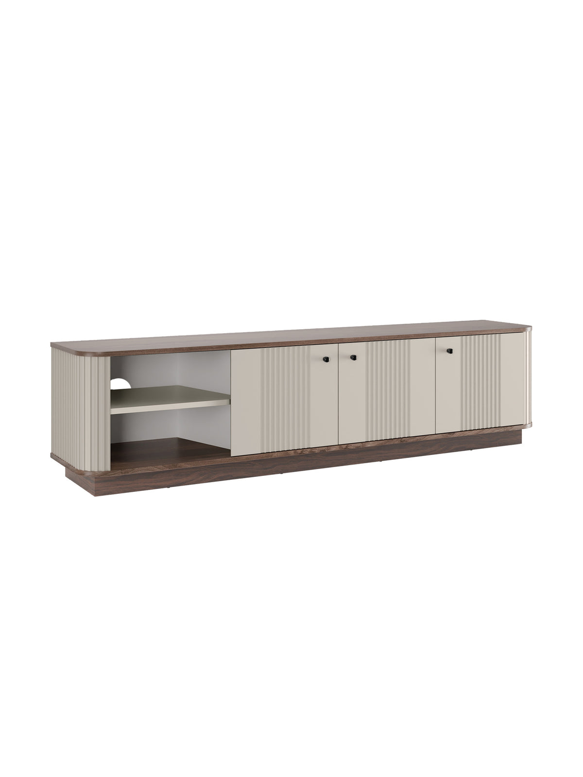 Vesper 3D 187 cm-es RTV szekrény kasmír színben diófa lappal és fekete fogantyúkkal, bordázott front, bal oldali nézet